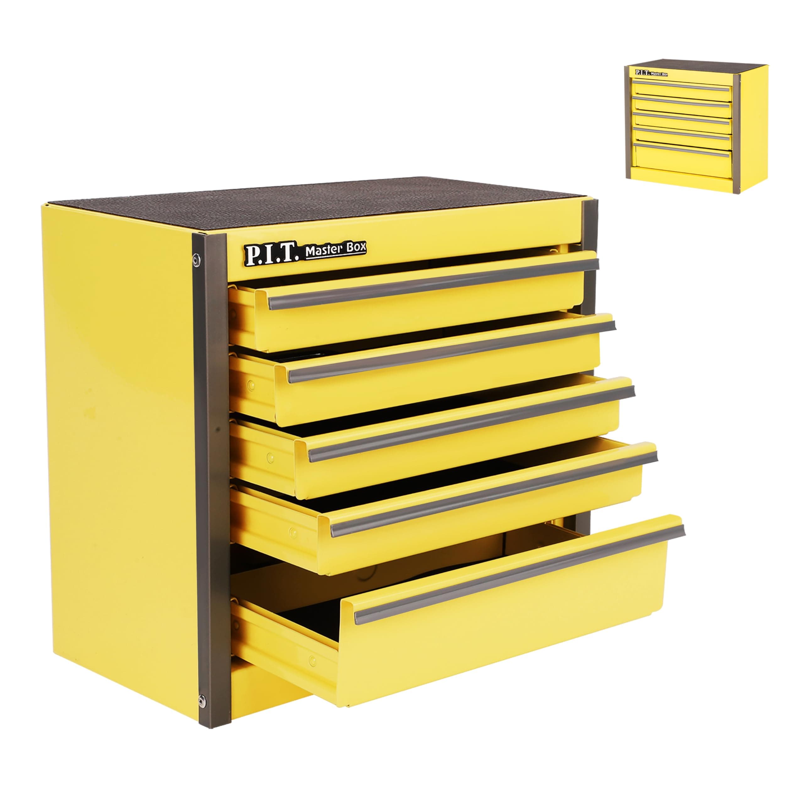 P.I.T. Mini Lemon Yellow Tool Box, Portable 5-Drawer Micro Roll Cab Steel Tool Box with Liner, Lemon Yellow Small Tool Case for Tools Storage, Home DIY