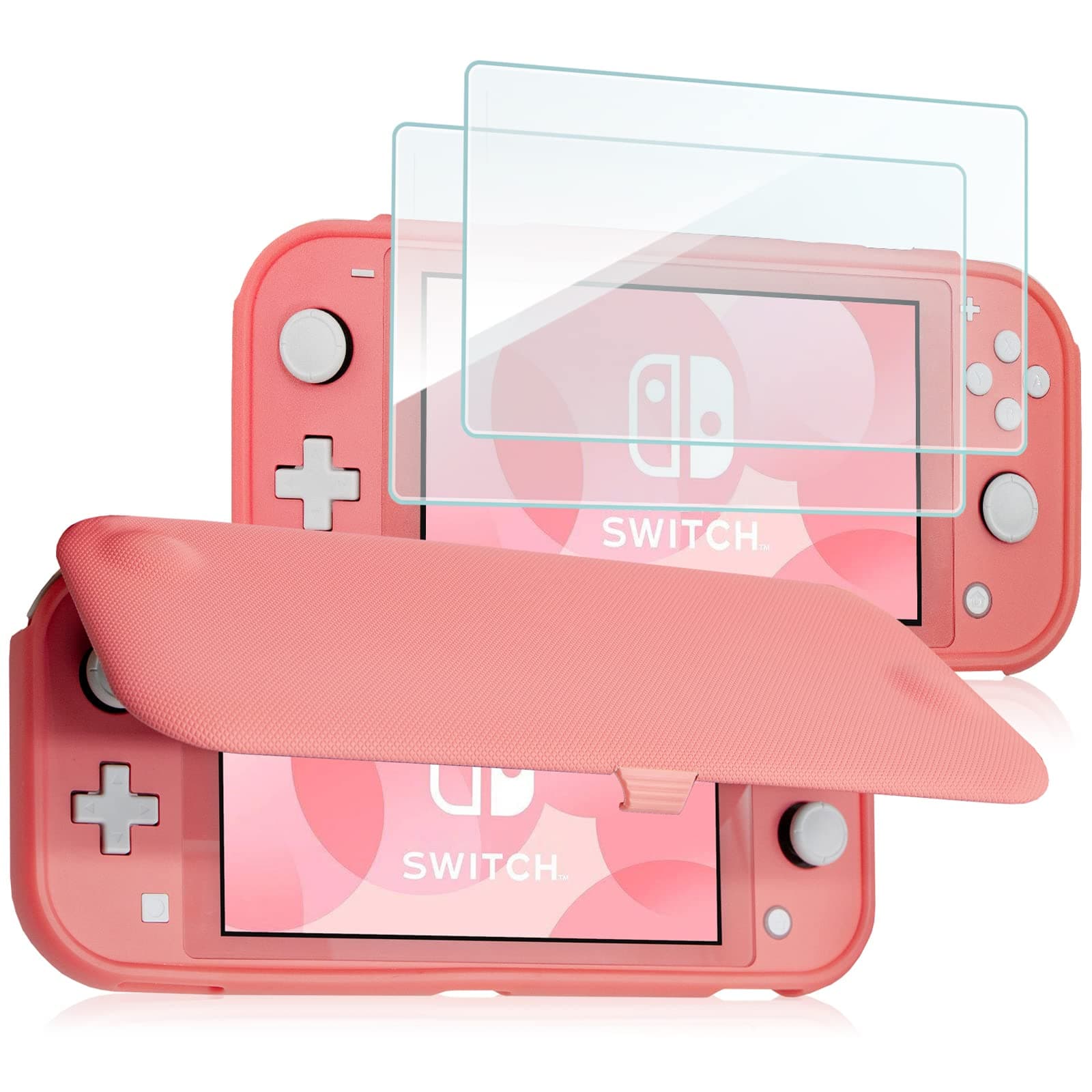 Flip Cover for Nintendo Switch Lite 2019 with 2 Pack Tempered Glass Screen Protectors, Slim Protective Flip Case with Magnetically Detachable Front Cover for Nintendo Switch Lite 2019 -Coral