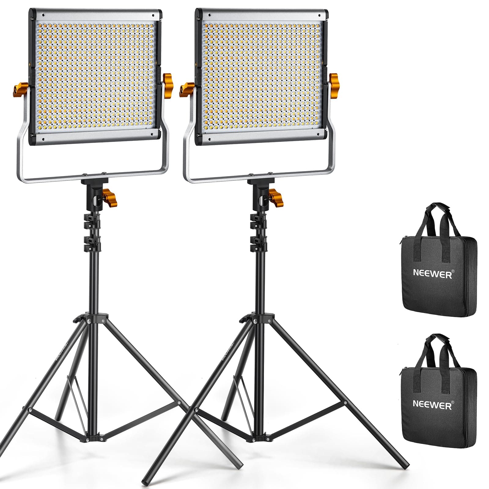 Neewer 2 Packs Dimmable Bi Color 480 LED Video Light Kit, 3200~5600K CRI 96+ LED Panel with U Bracket, 75 inches Tripod Light Stand for YouTube Recording Studio Photography Streaming Key Lighting