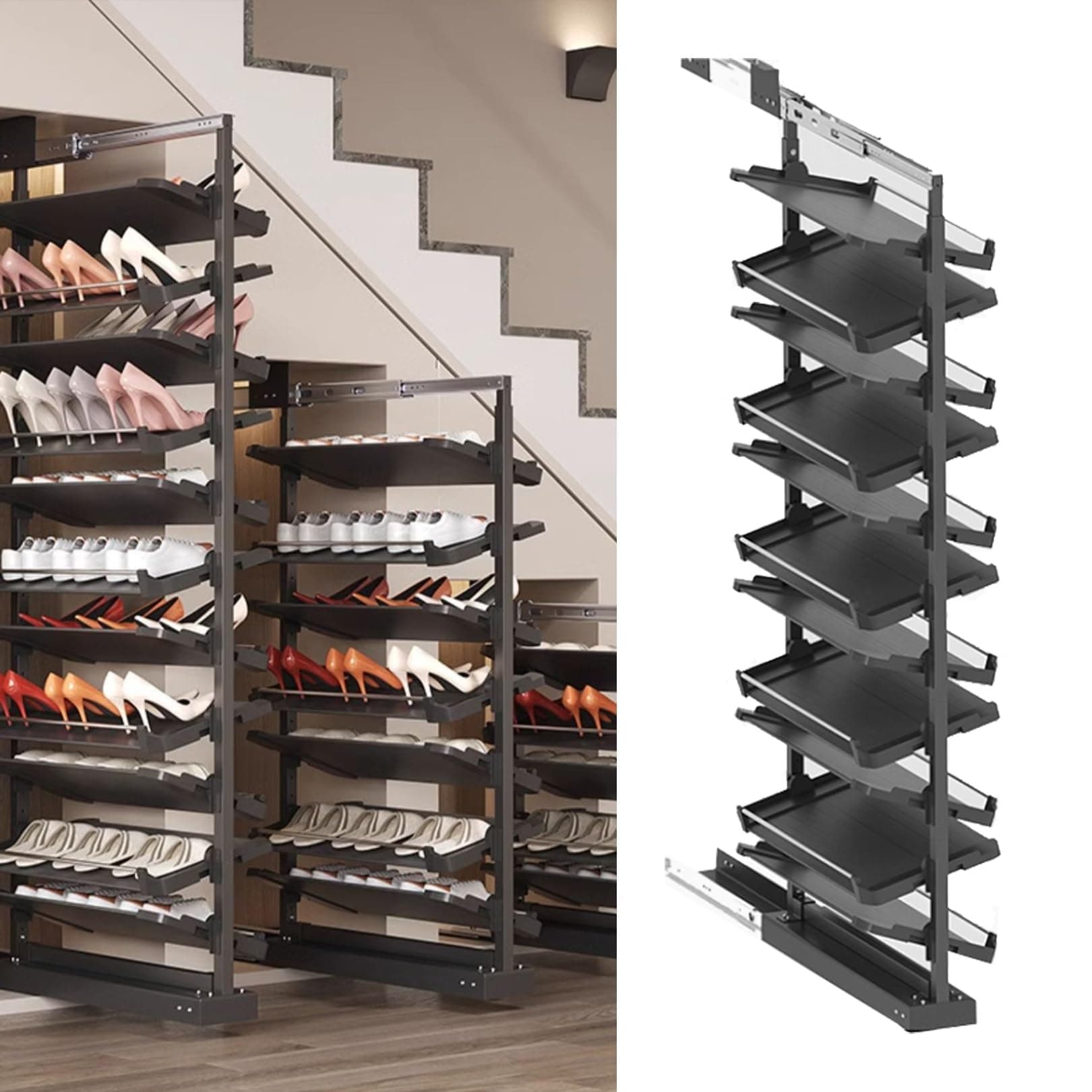 Pull-Out Shoe Rack Organizer for Closet Shoe Cabinet,Adjustable Height Retractable Metal Stackable Shoe Rack, Vertical Shelf Organizer for Small Bedroom Closet, Space Saving Storage, Black(63cm,12 Tie