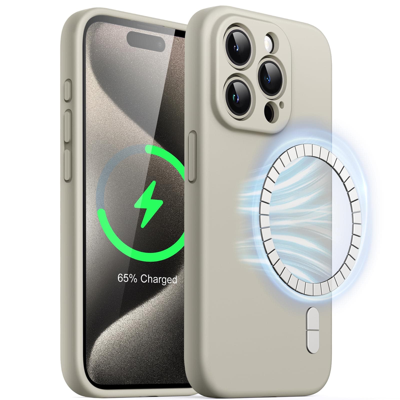 JETech Magnetic Silicone Case for iPhone 15 Pro Max 6.7-Inch, Compatible with MagSafe, Phone Cover with Camera Lens Full Protection (Natural Titanium)