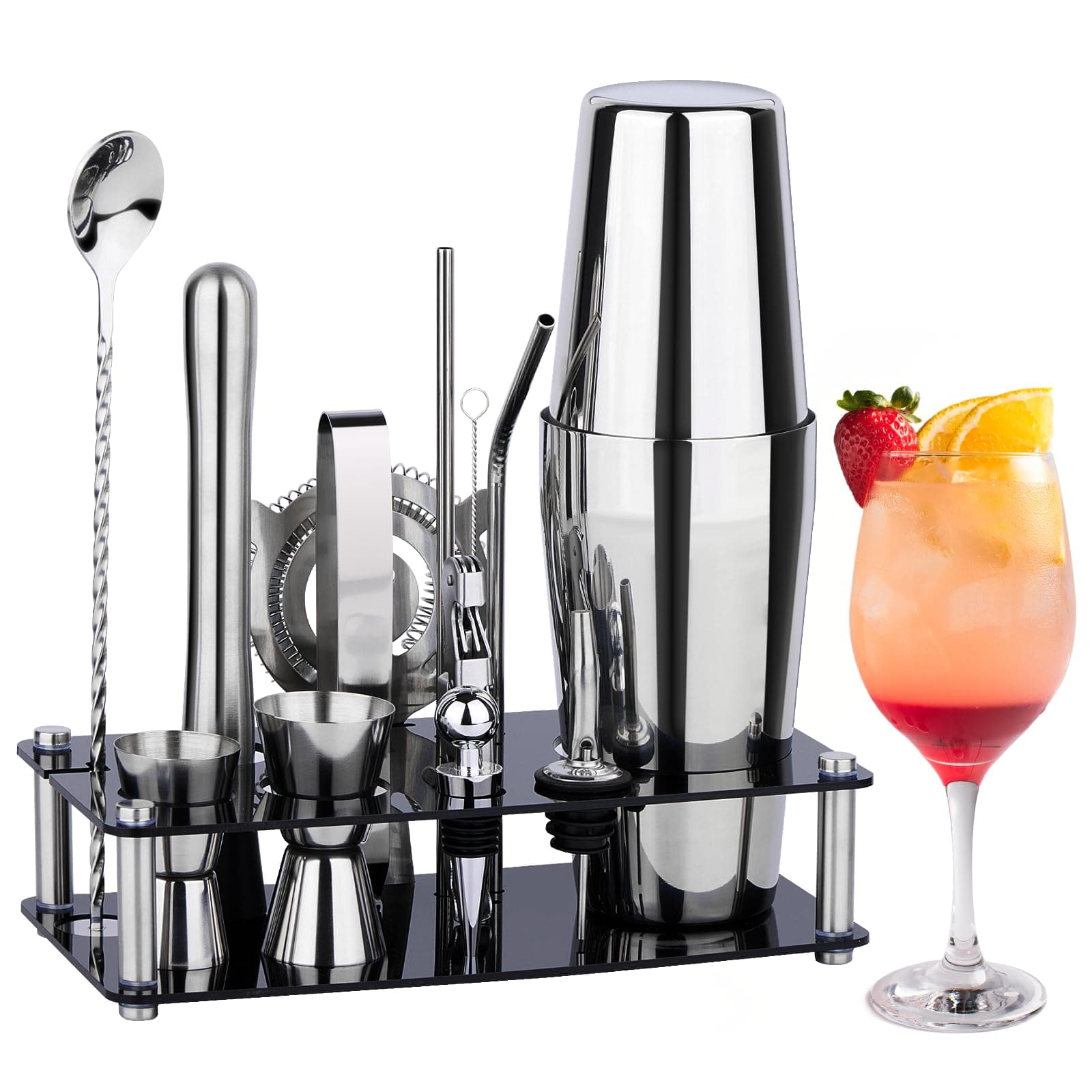 Cocktail Shaker Set Bartender Kit : 15-Piece Bar Tool Set with Acrylic Stand ...