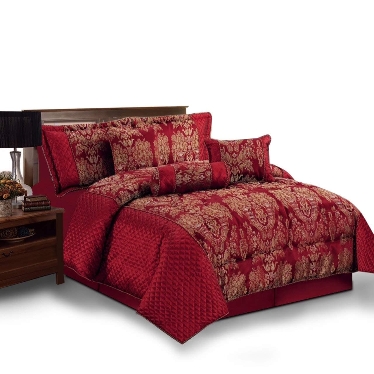 Sunrise Bedding Bedspread Set- 7 Piece Comforter Set- Jacquard Fabric Bedding Set Double, King All Season Bed Throw 220 GSM Matching Pillows, Cushions ,Neck Roll and Valance Sheet (Gold Burgundy, King (255 x 225))