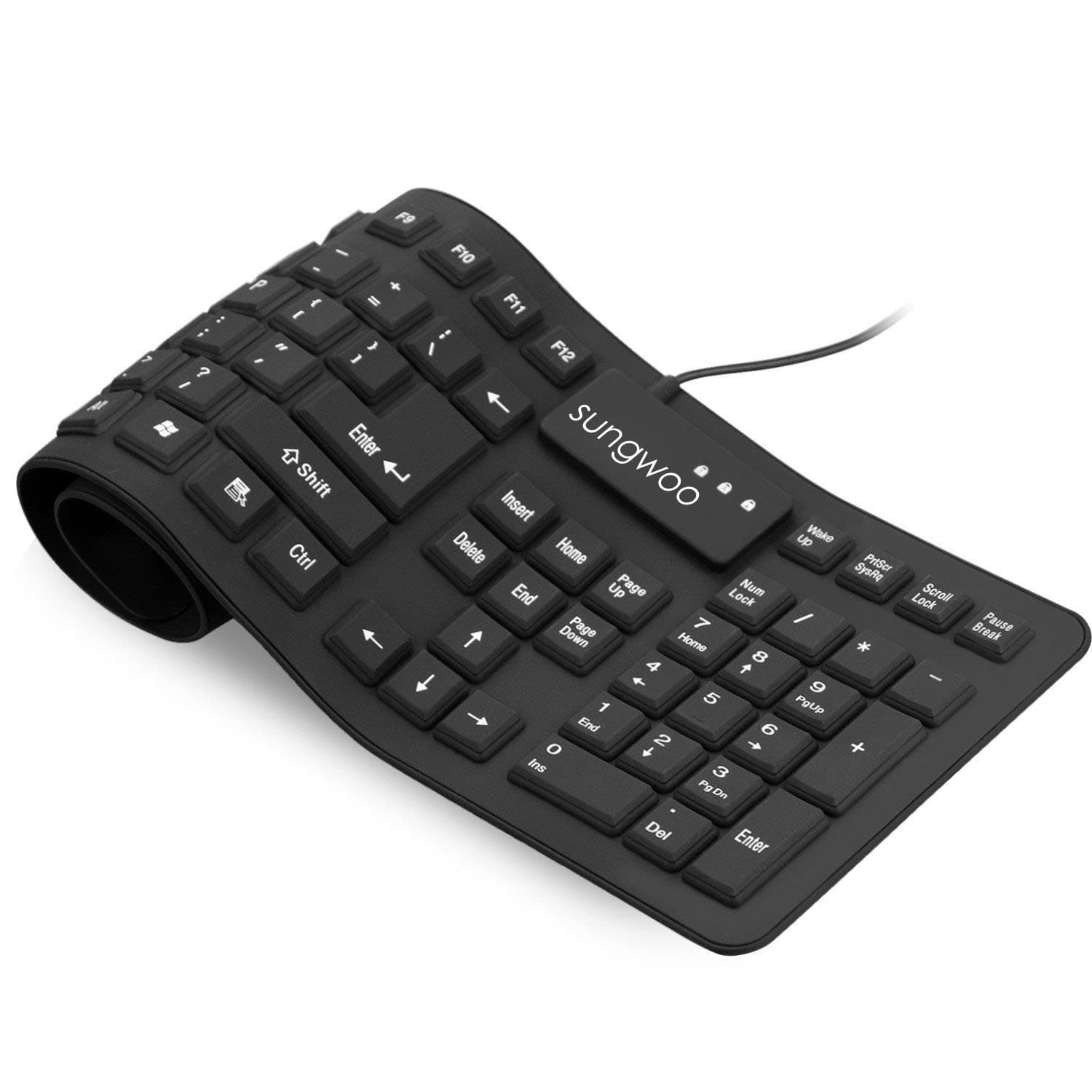 Sungwoo Foldable Silicone USB Wired Standard Waterproof Rollup Keyboard for PC Notebook Laptop, Full Size (Black)
