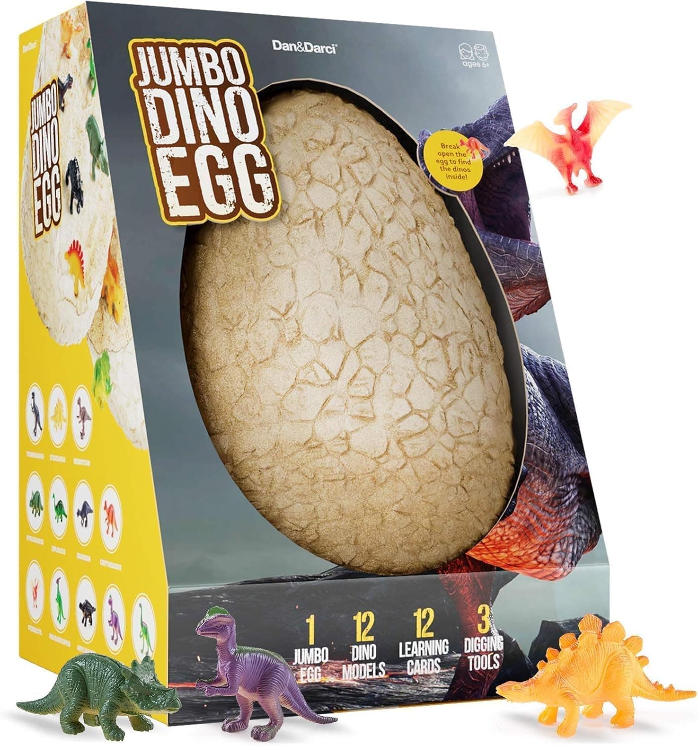 Dan&Darci Jumbo Dino Easter Egg - Unearth 12 Unique Large Surprise Dinosaurs in One Giant Filled Egg -Easter Gifts for Kids - Discover Dinosaur Archaeology Science STEM Crafts Gifts for Boys & Girls