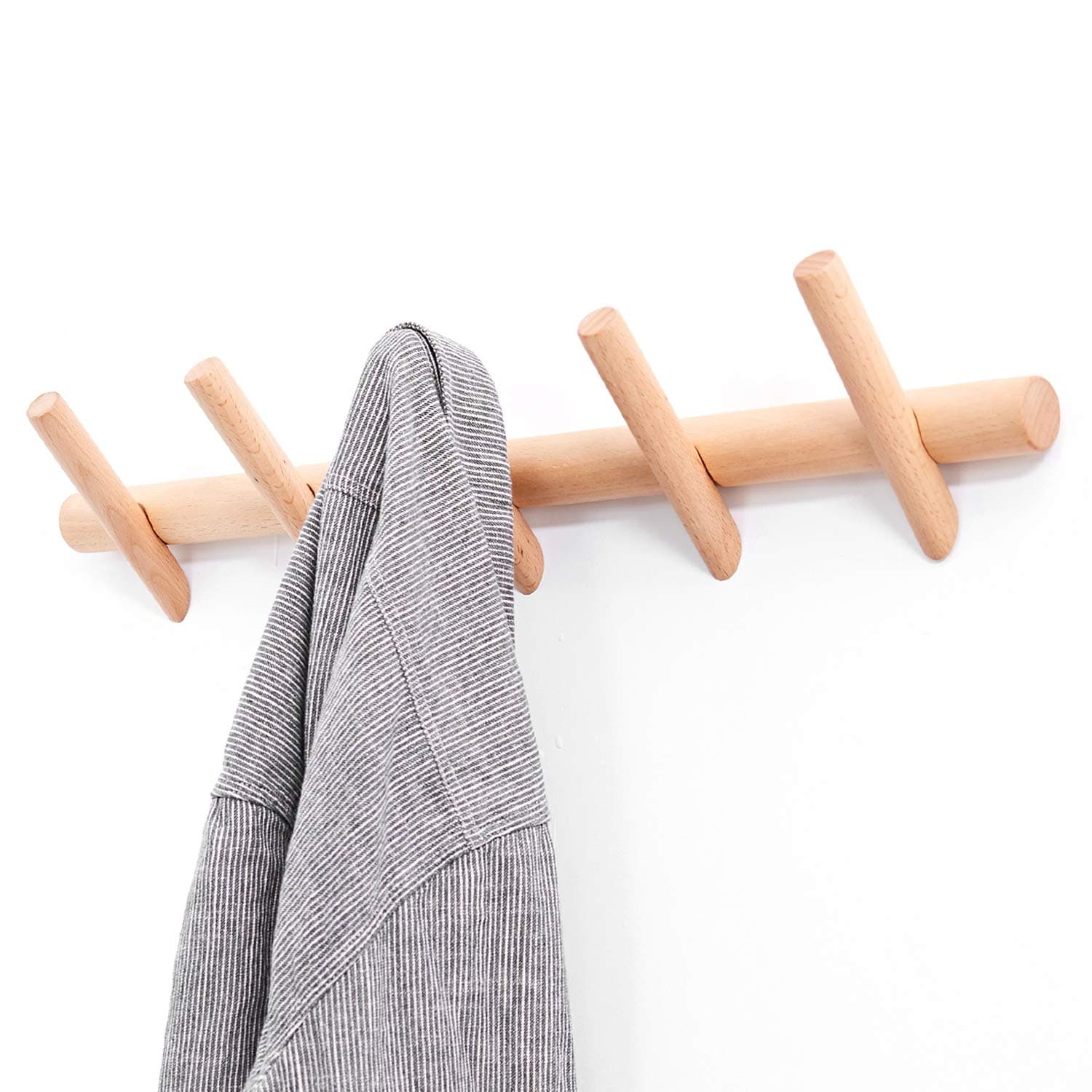 Wood Coat Hooks Wall Mounted Hat Rack Tower Hanger Wall Hooks Decorative Hanger with Pegs Entryway Bedroom Bathroom(Beech Wood,5 Hooks)