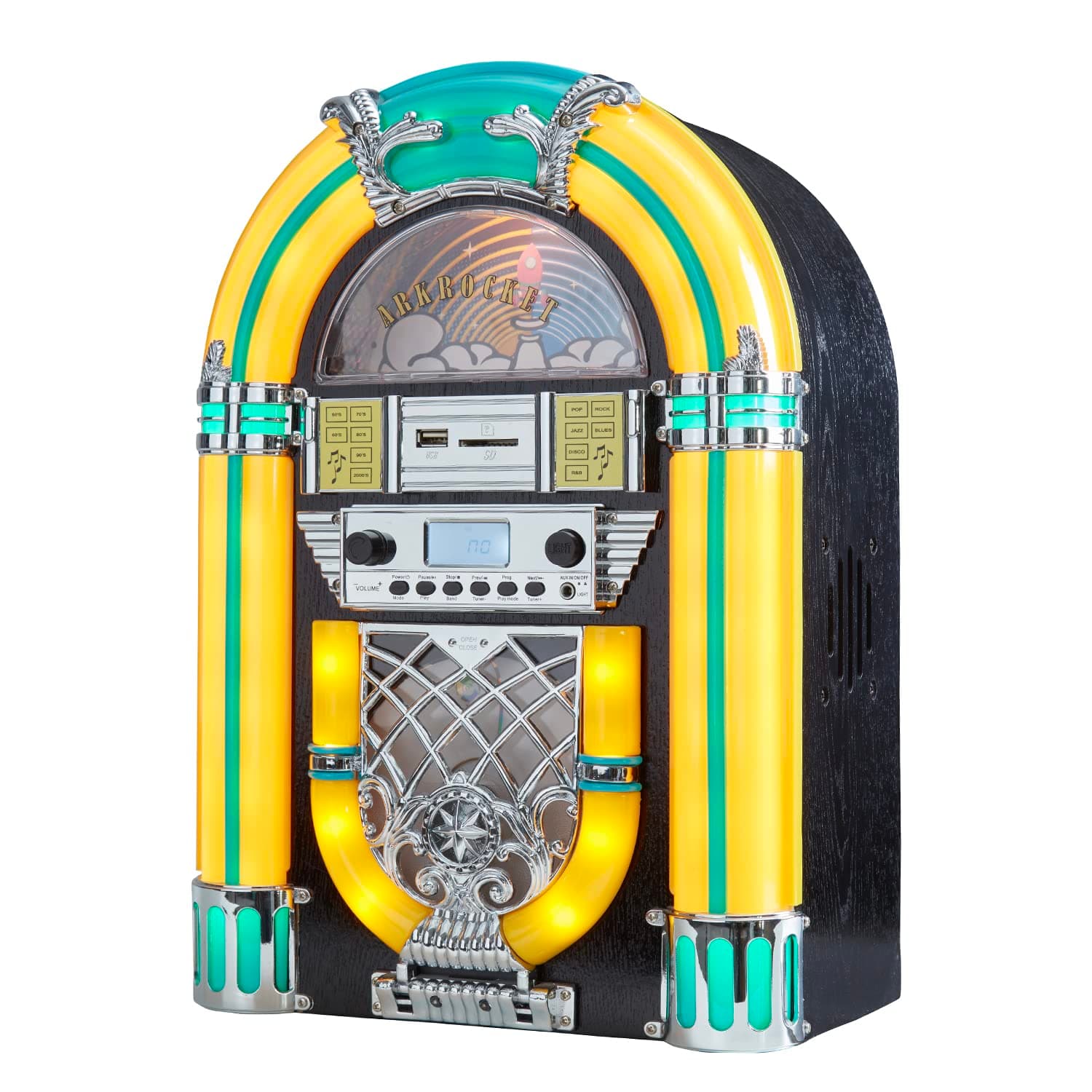Athena Mini Jukebox/Tabletop CD Player/Bluetooth Speaker/Radio/USB and SD Card Player with Retro LED Lighting System