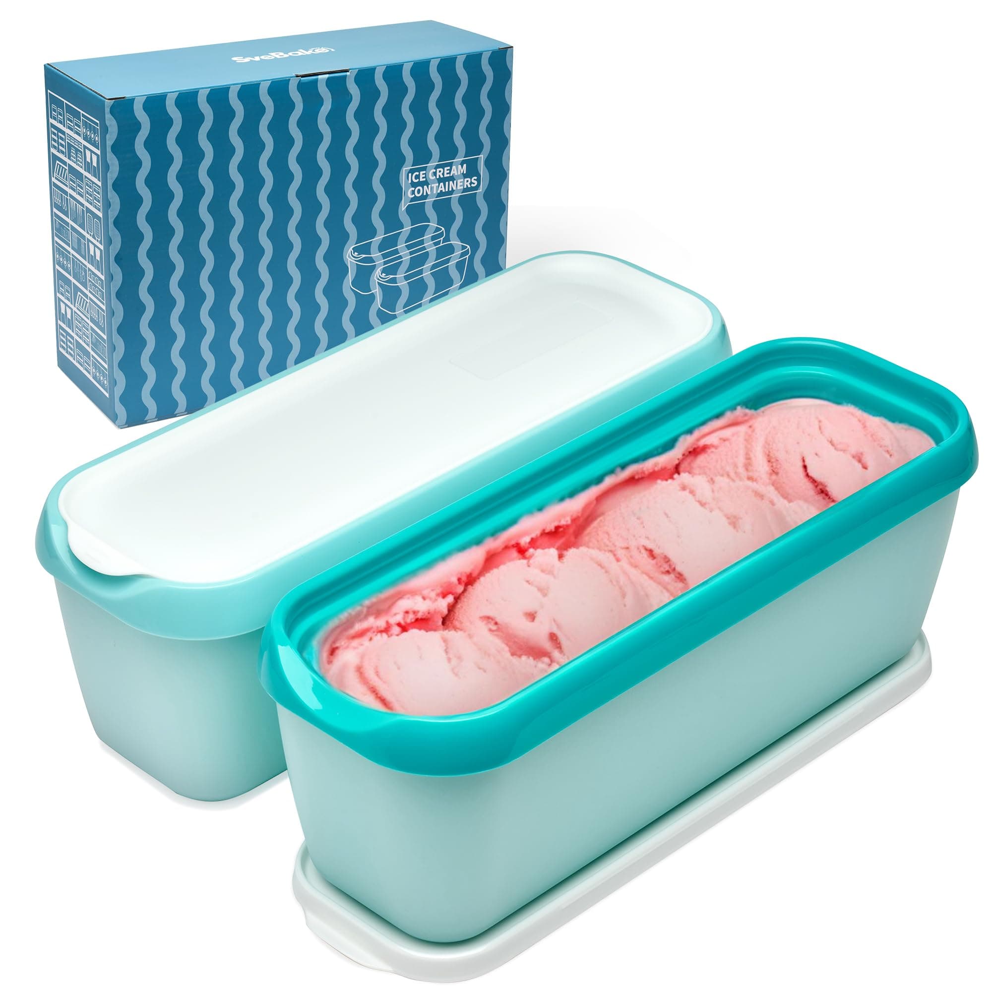 Ice Cream Storage Containers with Lids 2 PACK - 1.5 Quarts Homemade Ice Cream Tubs, Freezer Containers, Turquoise & Green