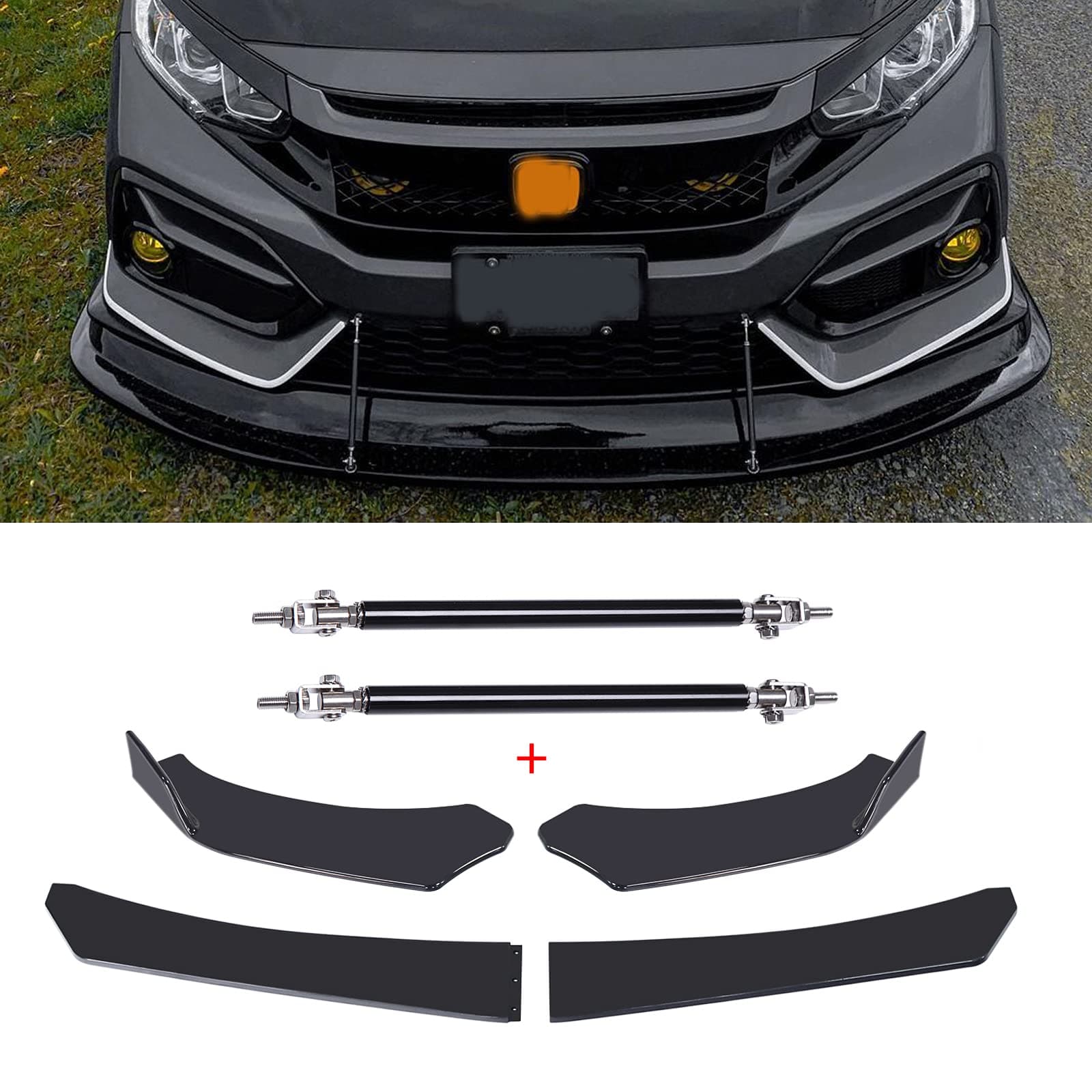 Rich Choices Universal Front Bumper Lip,Gloss Black Front Lip Spoiler Bumper Splitter Body Kit with Strut Rod Compatible with Honda Civic Accord Dodge Charger Mustang Volkswagen MK5 MK6 MK7