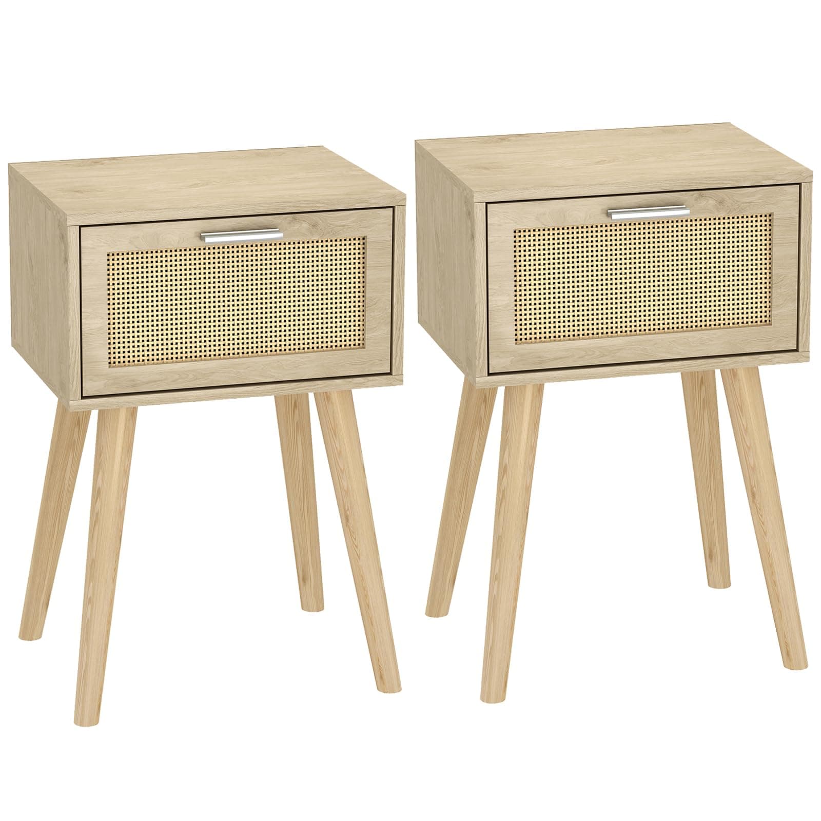 LAATOOREE Nightstand Set of 2, Small Bedside Table, Boho Side End Table, Rattan Door, Solid Wood Feet for Bedroom and Living Room