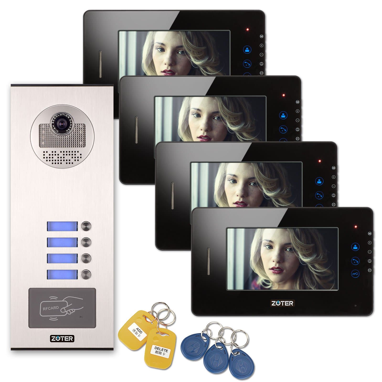 SOTER SECURITY Wired 7" Inch TFT LCD Color Touch Key Screen Monitor 600TVL HD Camera Video Door Bell Phone Intercom RFID Card Access Control Home Gate Security System for 4 Families Apartment