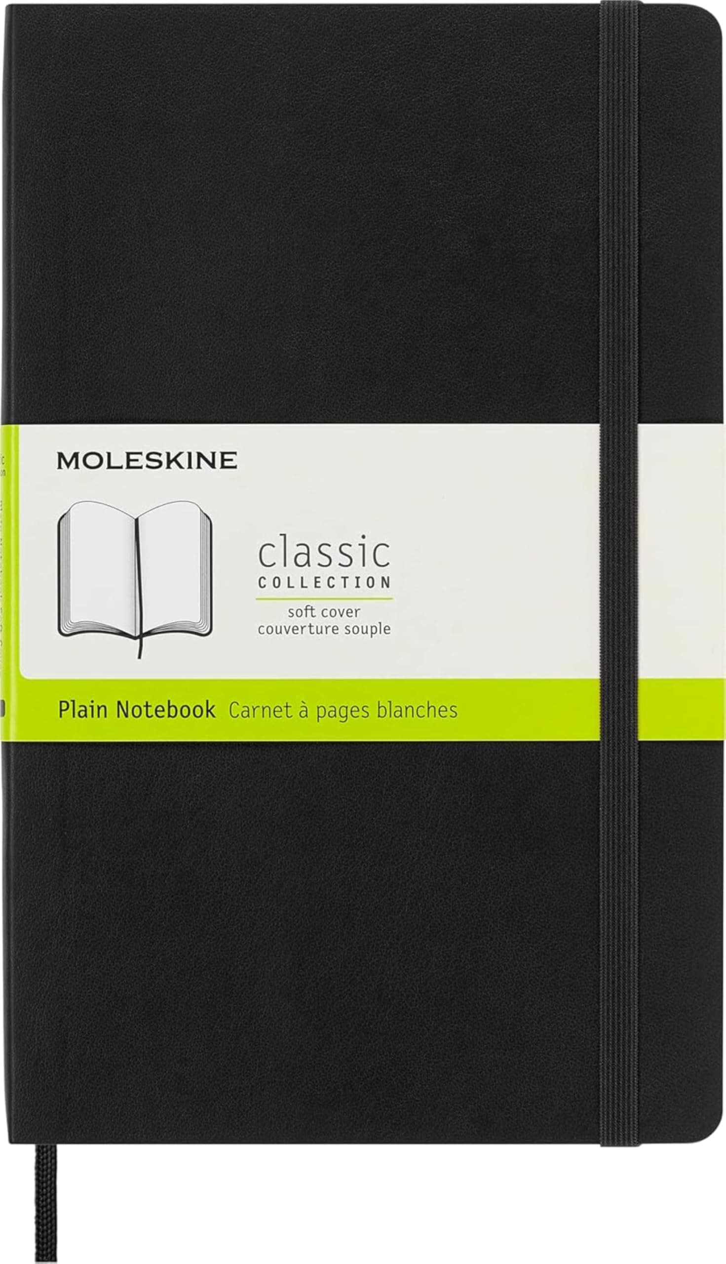 Classic Notebook, Notebook With Plain Pages, Soft Cover and Elastic Closure, Black, Large, 13 x 21 cm, 192 Pages