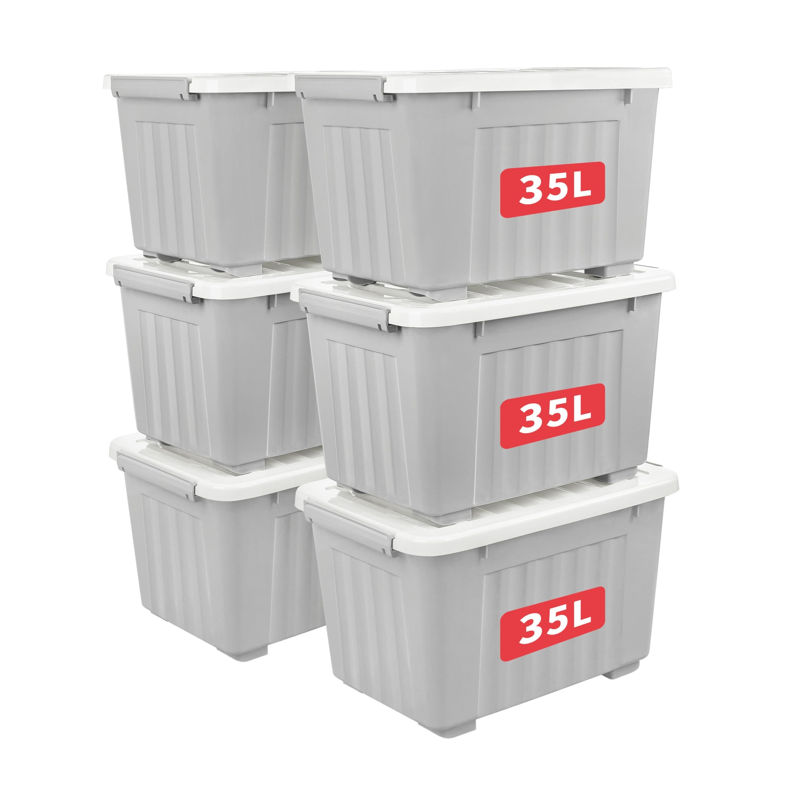 Cetomo 35L*6 Storage Boxes with Lids, Plastic Storage Box with Wheels and Secure Side Latches, Stackable & Nestable Organizer for Home, Office, Moving, PP, Gray, 35L-6 Pack