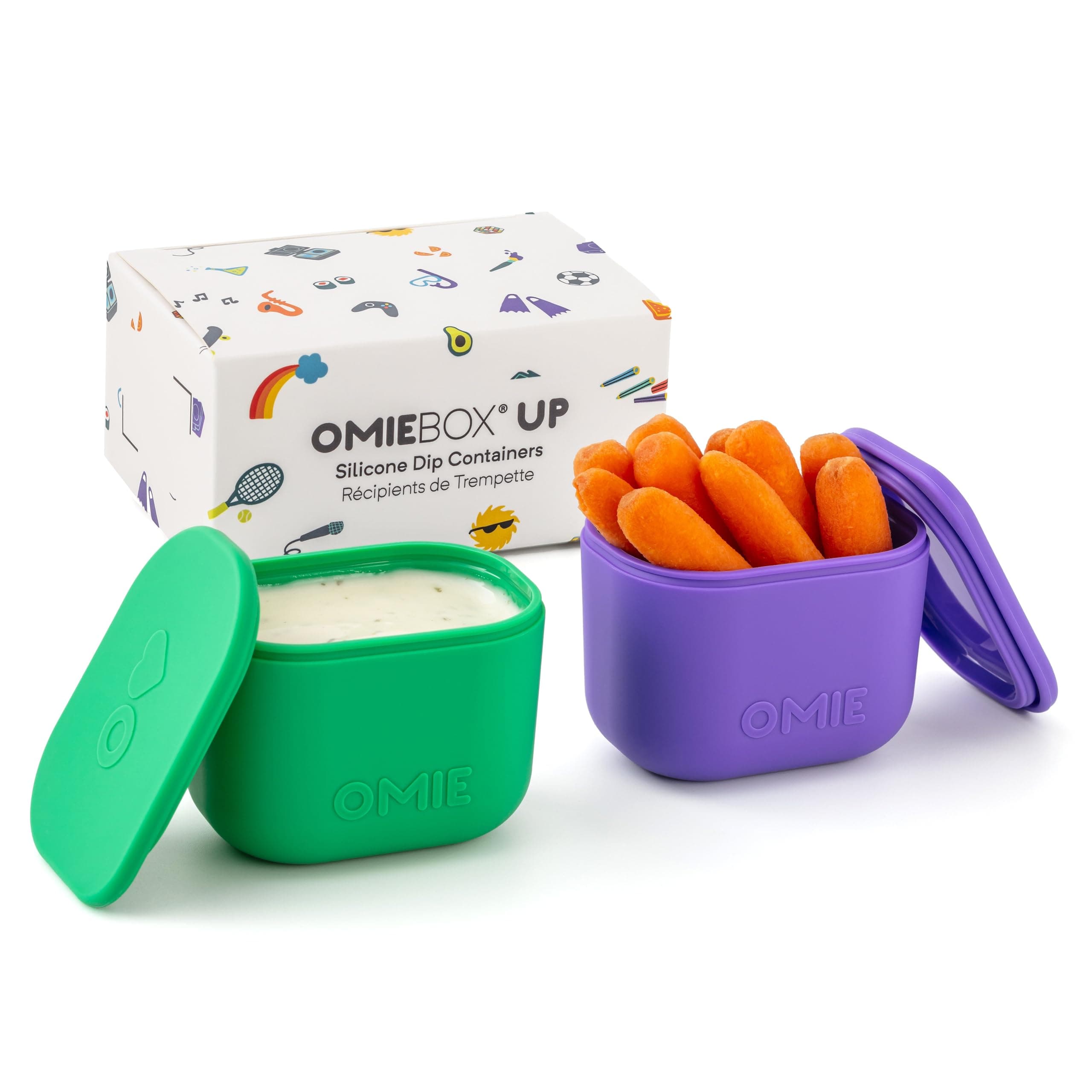 OmieBox UP (2 pack) Leakproof Dips Containers To Go, Salad Dressing Container, Condiment Container with Lids - Food Safe Silicone - 4.5 ounces (Purple/Green)