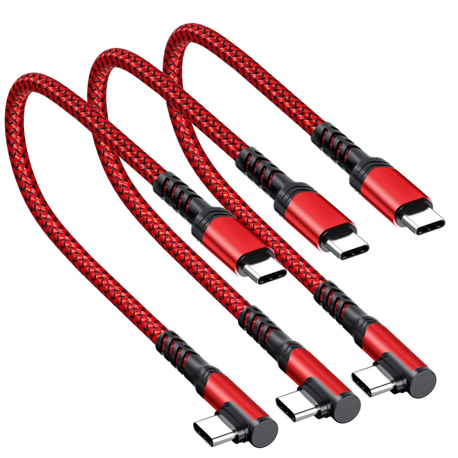 3 Packs Short USB C to USB C Cable 1ft, 60W Type C Fast Charging Right Angle Cord Charger for iPhone 15/15 Pro/15 Plus/15 Pro Max/Samsung S23/S23+/S23 Ultra/S22/S21/MacBook Pro/iPad Pro/Tablet (Red)