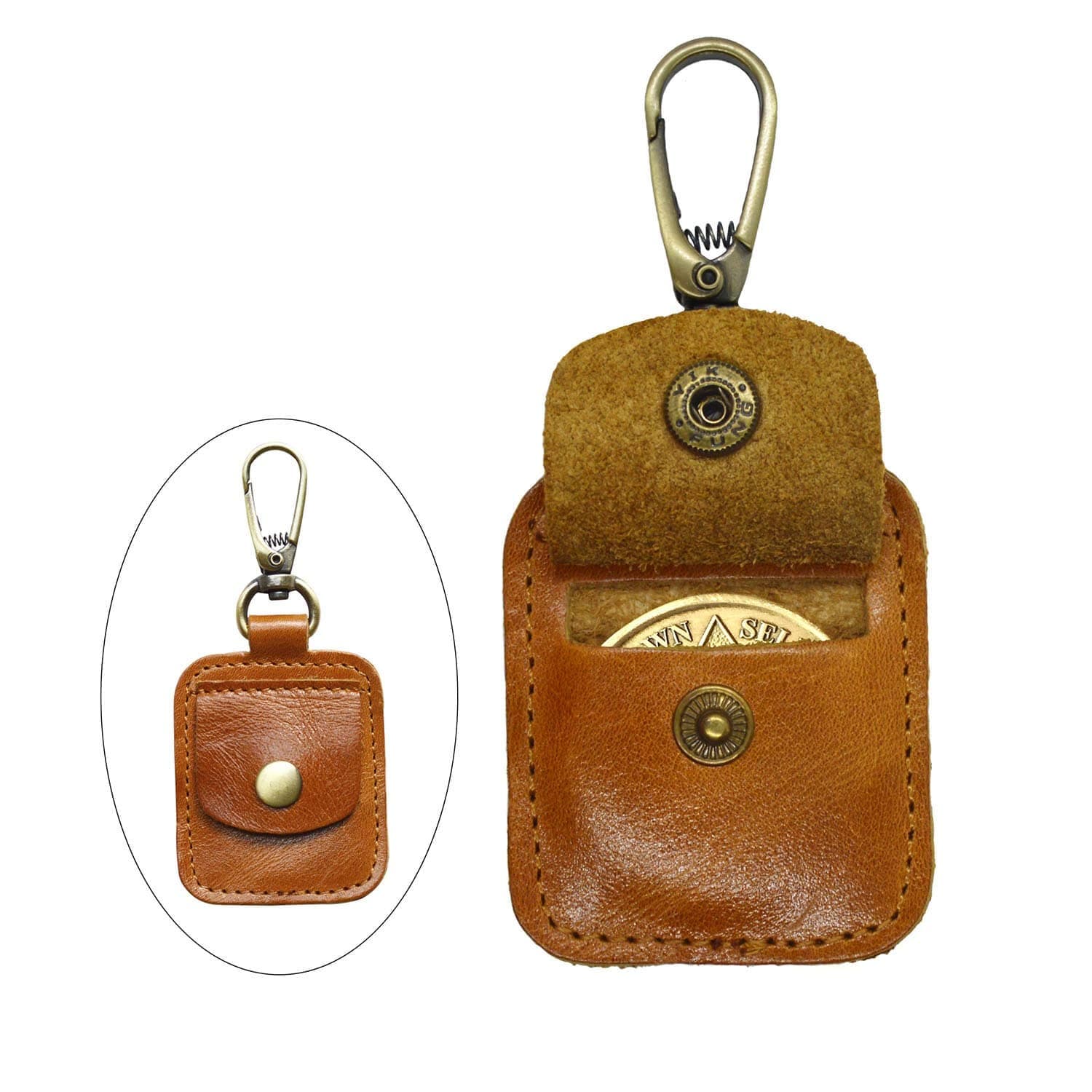 AA Medallion or Coin Holder, Leather Key Chain Snap Open Leather Case (Brown)