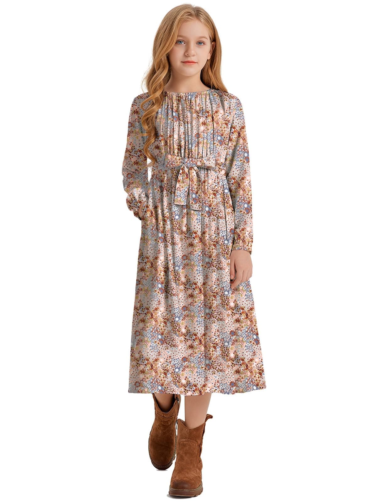 LaBeca Girls Casual Elastic Crew Neck Floral Printed Solid Color A-line Swing High Waist Midi Belted Dress with Pocket