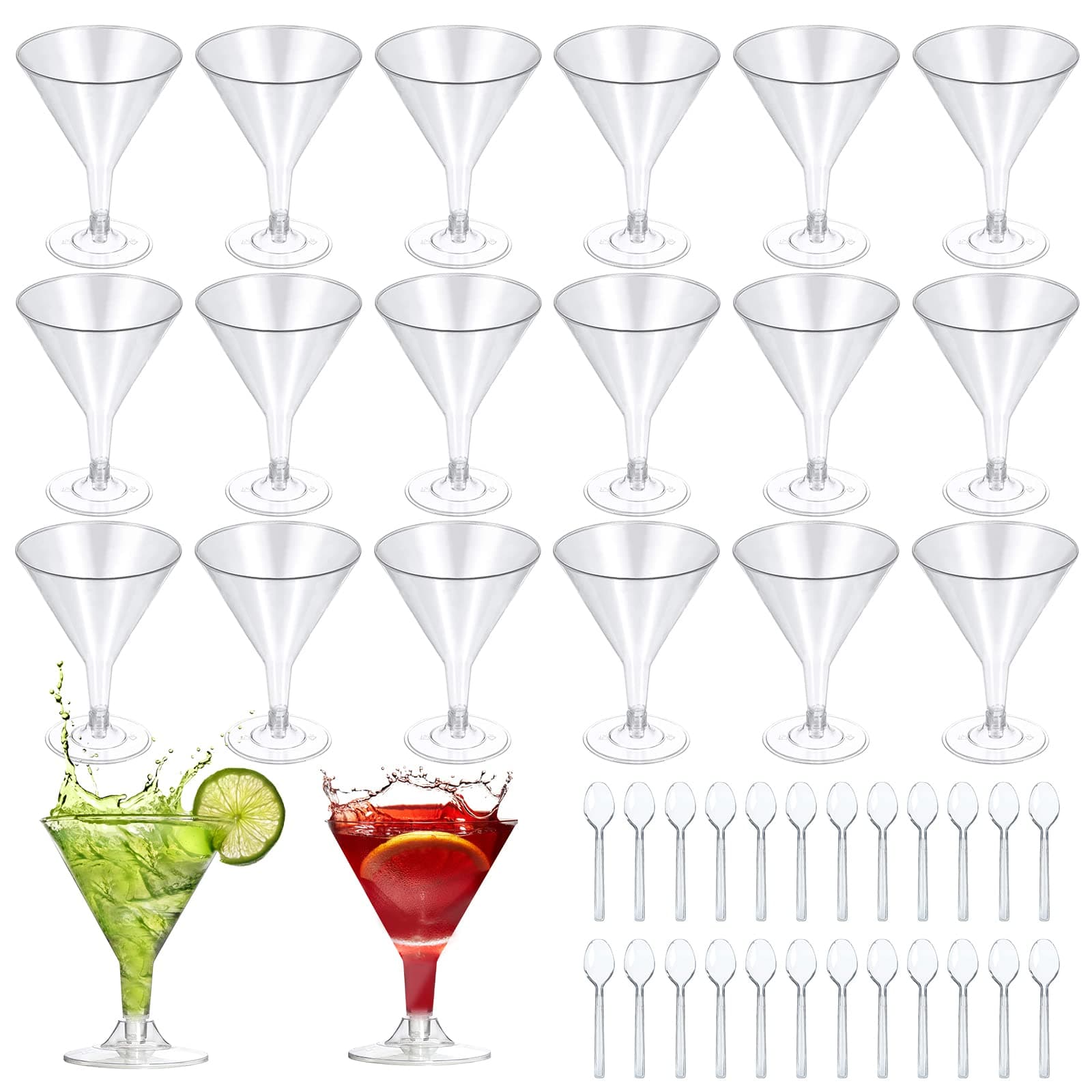 SelfTek 20Pcs Disposable Plastic Martini Glasses, 7 Oz/200ml Mini Dessert Cups with 25Pcs Spoons, Appetizer Dessert Cups Drinkware for Home Bar Restaurant Party Supply