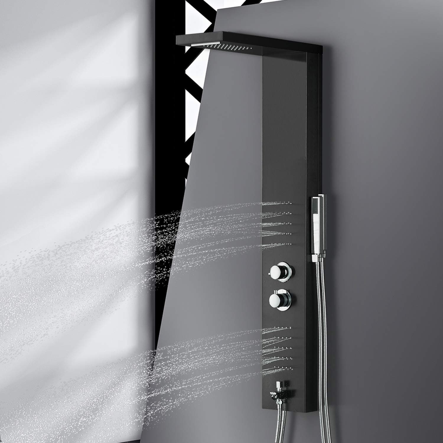 Shower Panel Tower Vantory Stainless Steel Rainfall Waterfall Rain Massage System with Jets, Hand Shower and Horizontal Spray,Brushed Black