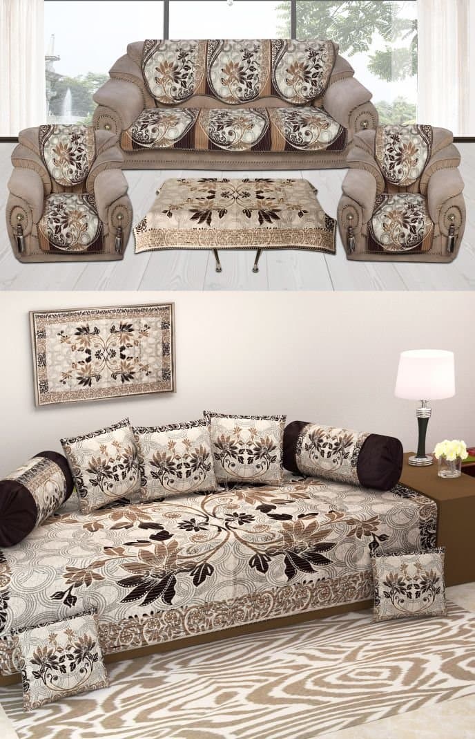 AM Creation Chenille Diwan Set with Sofa Cover and Table Cloth (Brown, bedsheet (88 x 56 inches), 5 Cushion Covers (16 x 16 inches) and 2 Bolster Covers (31 x 16 inches), Table cover-55x35 inches)