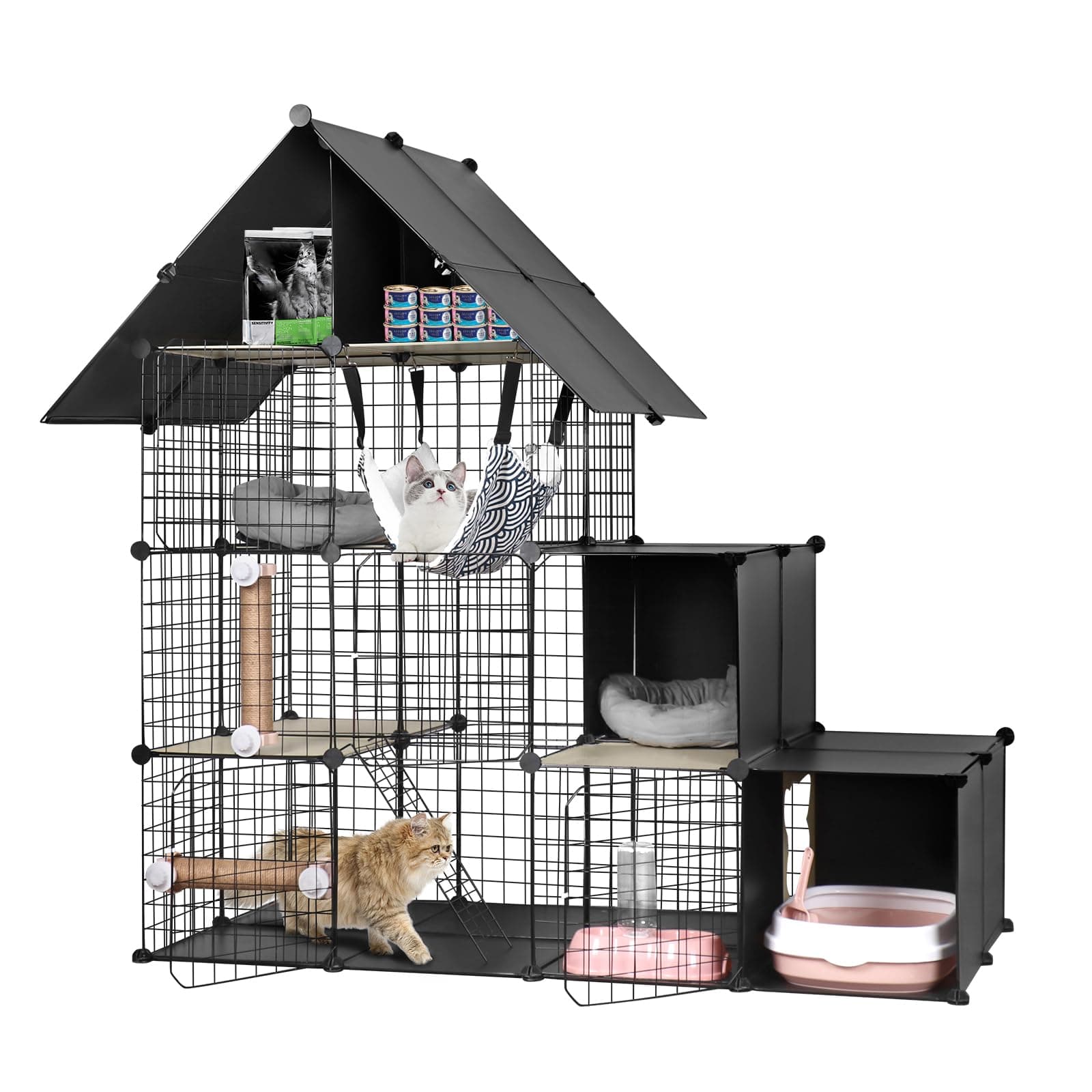 Cat Cages Indoor with Triangular Roof, 3-Tier Large Cat Enclosure with Cat Litter Box, DIY Metal Wire Cat Playpen Kennels Crate with Hammock, Cat Bed, Scratchers, Bowl, Stairs for 1-2 Cats