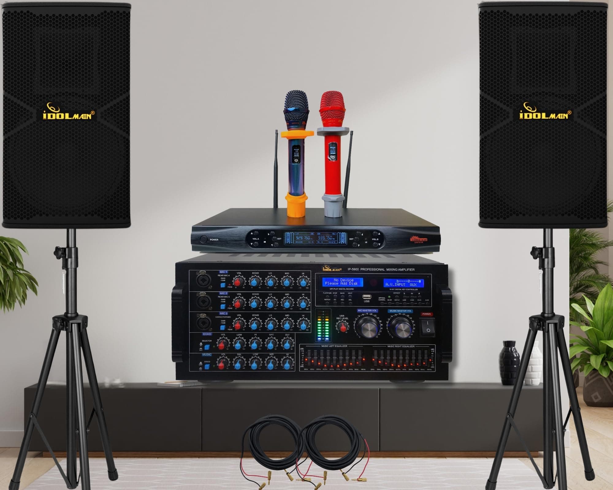 - IDOLmain 6000W Professional Karaoke Digital Mixing Amplifier with Optical |Bluetooth|Recording Plus Dual Loudspeakers, and Wireless Microphones Karaoke System