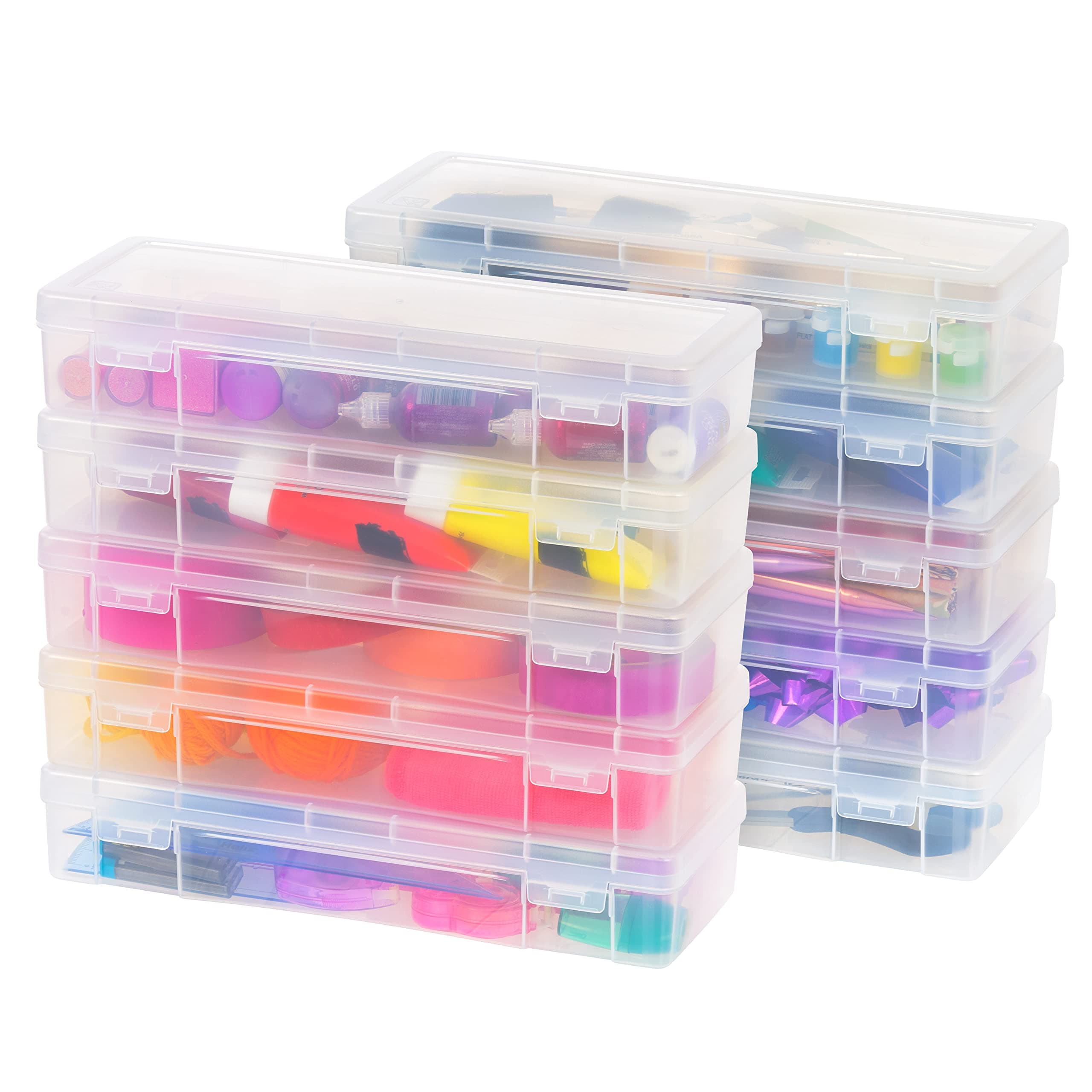 IRIS USA Pencil Case Boxes, 10-Pack, |Made in USA|, Plastic Bead Organizing Containers with Snap Lid for Arts, Crafts, Ephemera, Stickers, & Dance Cheer, Clear - Large