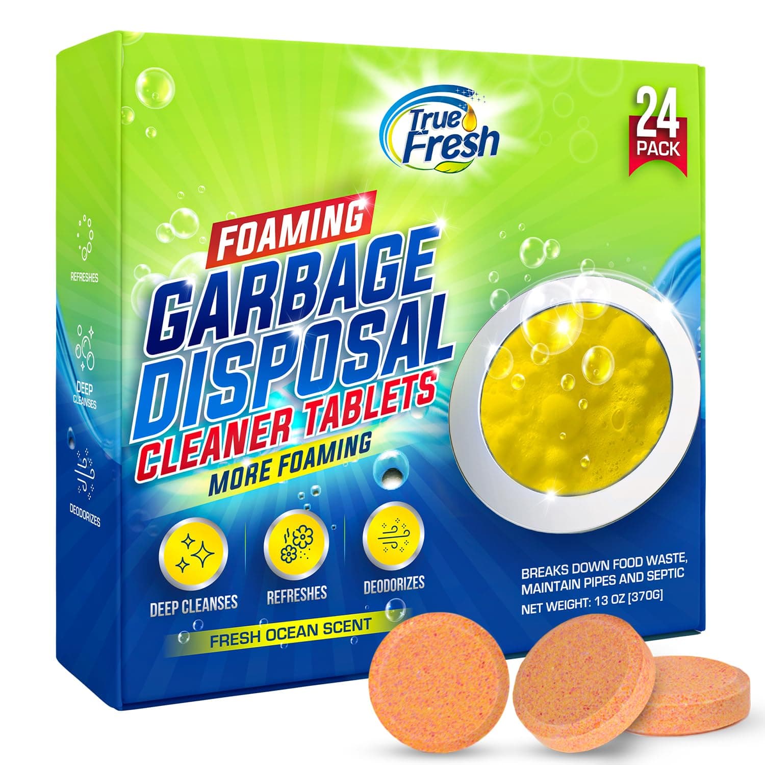 True Fresh Trash Disposal Cleaner - 24 Pack Deodorant Foam Tablets for Sinks and Drains, Powerful Cleaning Solution for Odor Removal and Maintenance - Works with Everyone