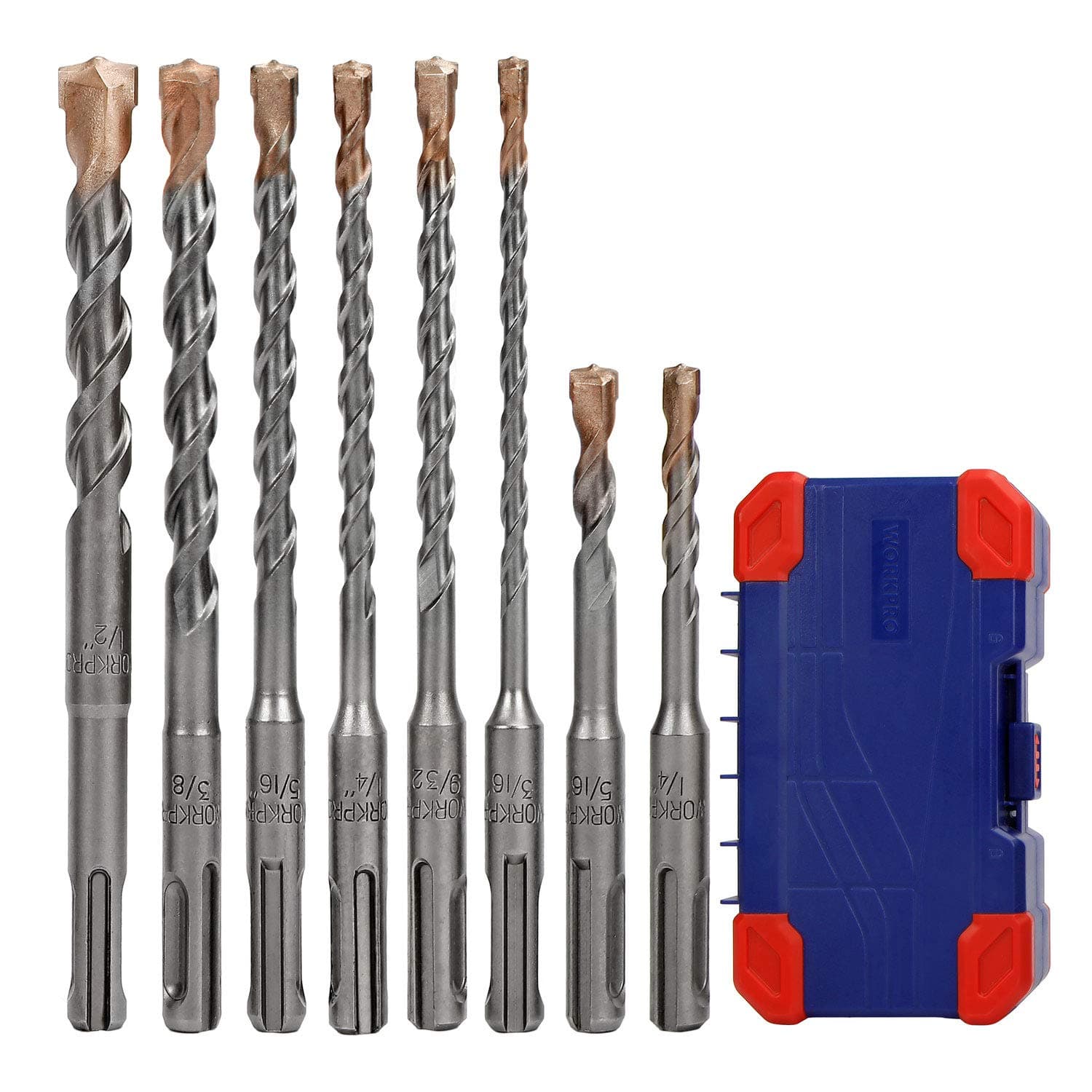 WORKPRO 8-Piece SDS-Plus Drill Bit Set, Carbide Tip, SDS+ Rotary Hammer Drill Bit Set with Storage Case for Brick, Cement, Stone & Concrete