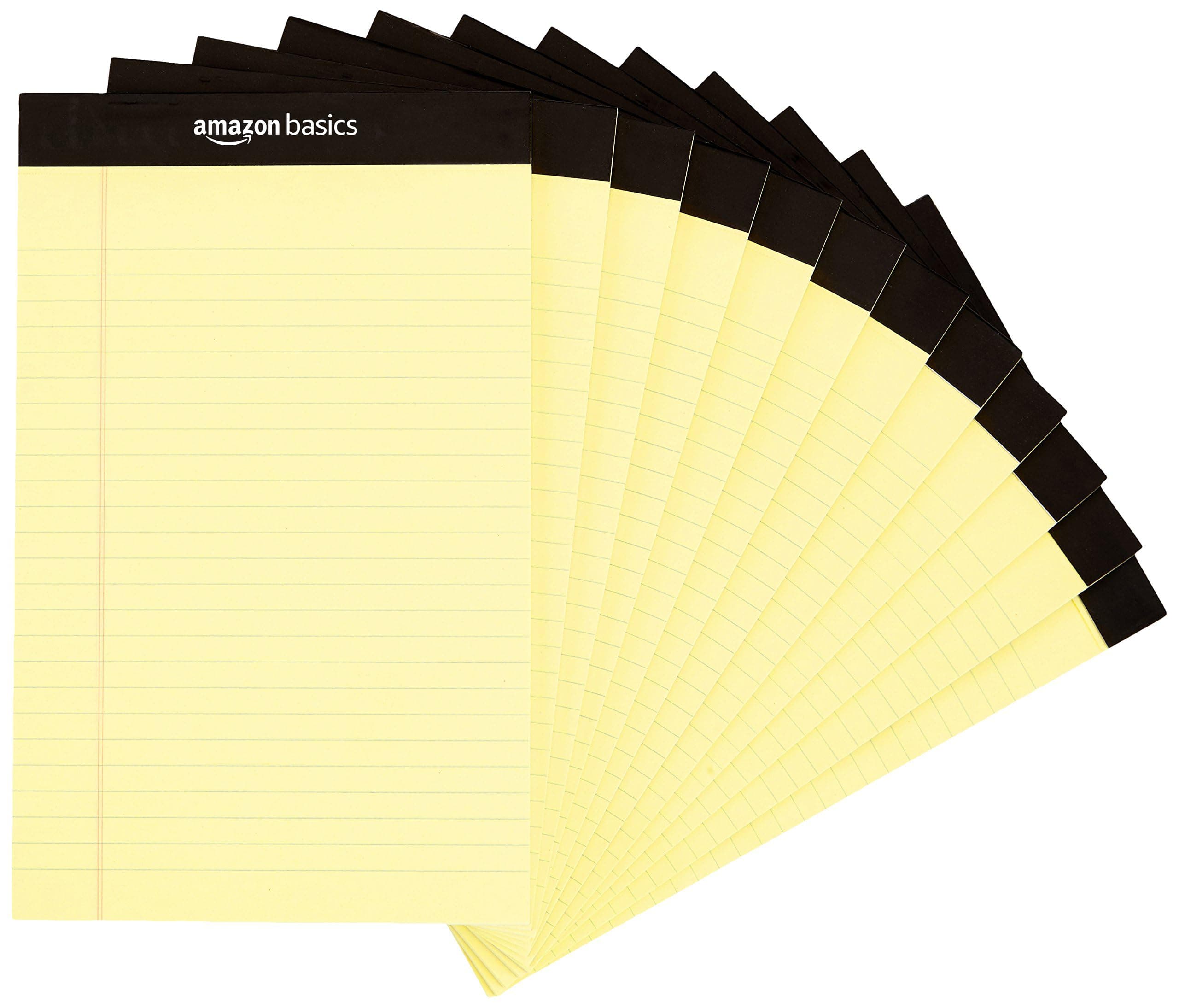 amazon basics Narrow Ruled Writing Pad - 5 x 8 Inches, 50 Sheets, Pack Of 12 (Canary)