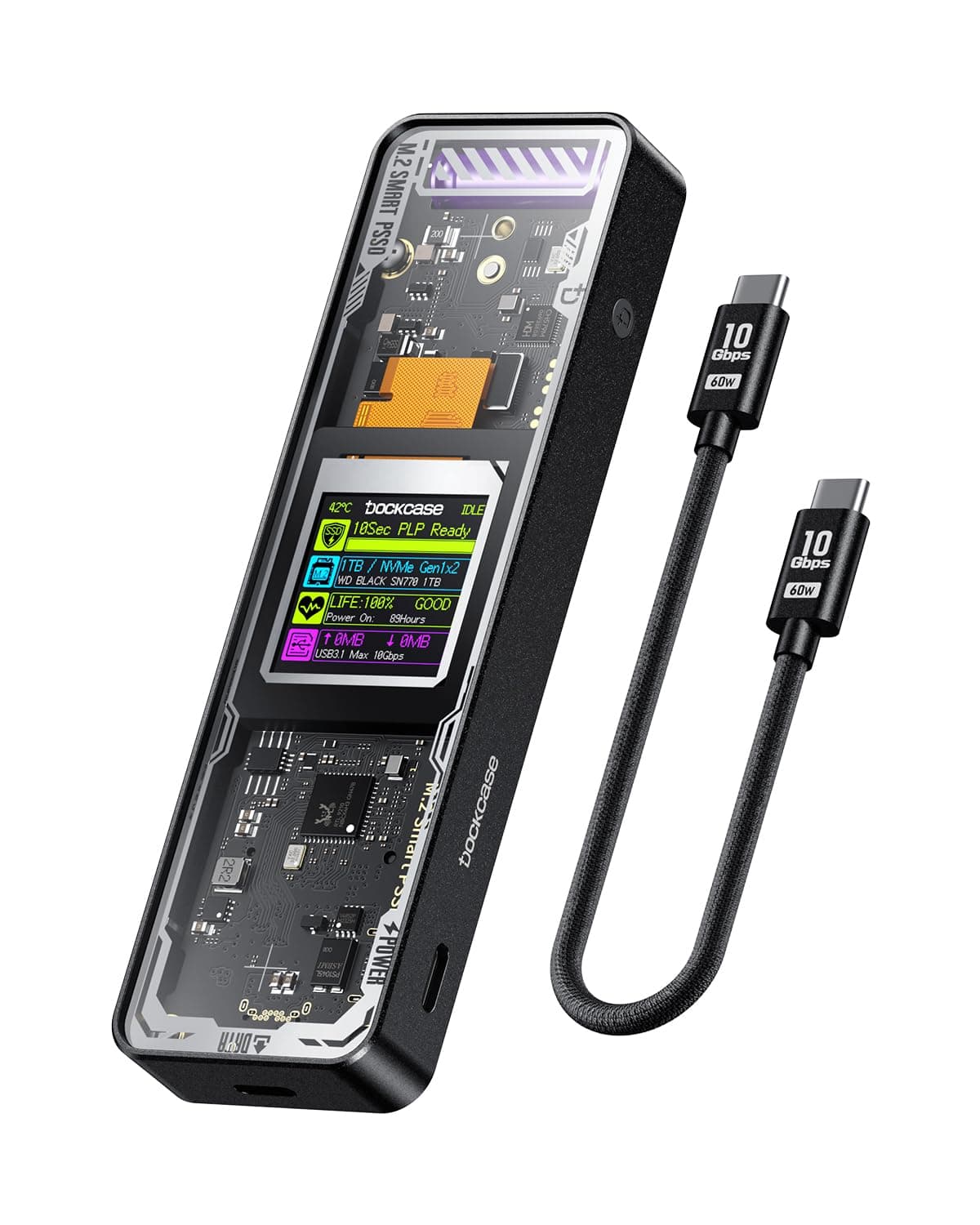 DOCKCASE Explorer Edition M.2 NVMe SSD Enclosure,Support 10s PLP Prevents Write Data Loss,USB 3.2 Gen 2 Type-C (10 Gbps), fits NVMe PCIe,Size 2230/2242/2260/2280,Support M-Key B+M Key UASP