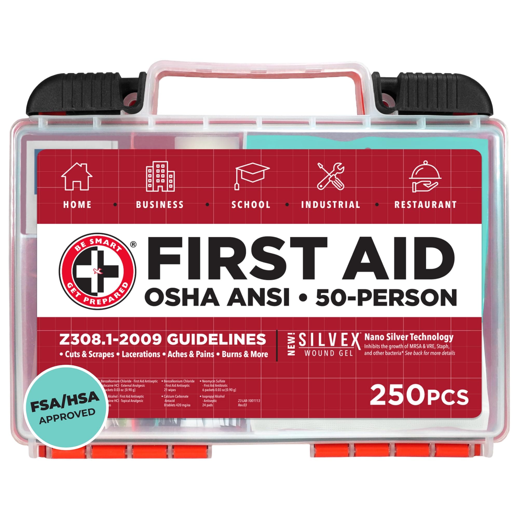 Be Smart Get Prepared OSHA/ANSI First Aid Kit - 50 Person, 250 Pieces - Designed for Home, Business, School, Industrial, and Restaurants - Compact & Portable