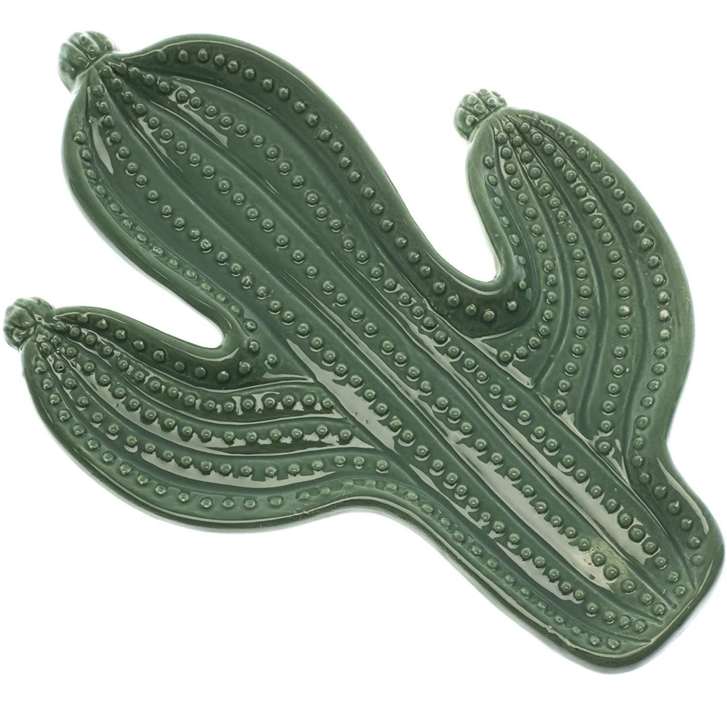 Green Cactus Shape Spoon Rest, By Glaver's - Kitchen Utensil, Ceramic Spoon Rest Rustic Farmhouse Design - For Stove Top and Kitchen Counter. Dishwasher Safe.