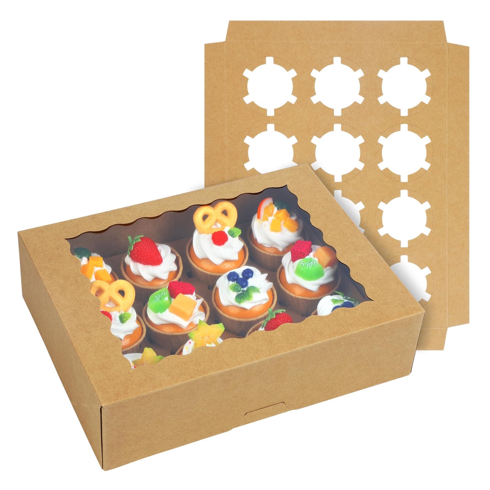 6-Set Cupcake Boxes Hold 12 Standard Cupcakes, Auto-Popup Cupcake Containers with Windows and Inserts, Food Grade Kraft Cupcake Carrier and Cupcake Holders (Brown)