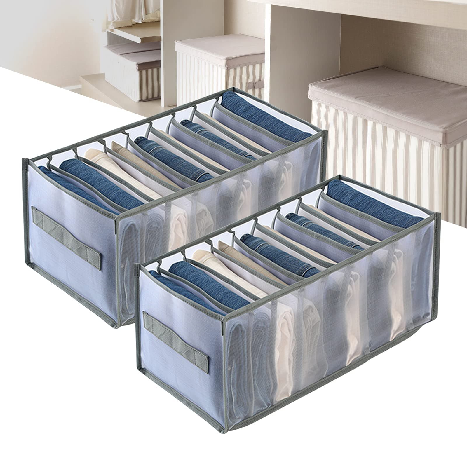 ARCHAEOPTERYX Wardrobe Clothes Organizer, 2 Pack 9 Grids Foldable & Washable Jeans Compartment Storage Closet Cabinet Organizer,Underwear Mesh Storage Boxes With Side Handles(Gray-2pcs 9 Grids)