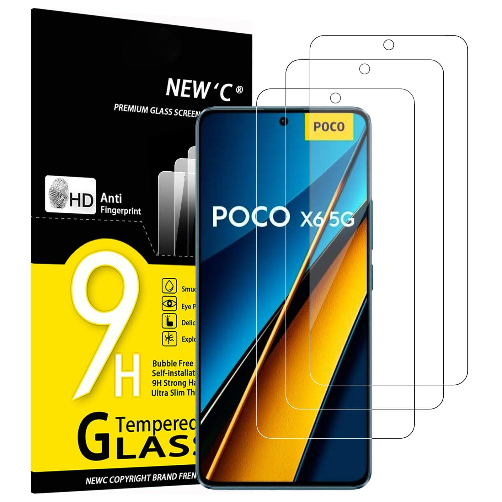 NEW'C 3 Pack Designed for Xiaomi Poco X6 5G, X6 Pro 5G Screen Protector Tempered Glass,Case Friendly Scratch-proof, Bubble Free, Ultra ResistantGlobal Recycled StandardGlobal Recycled StandardClimatePartner certifiedGlobal Recycled Standard