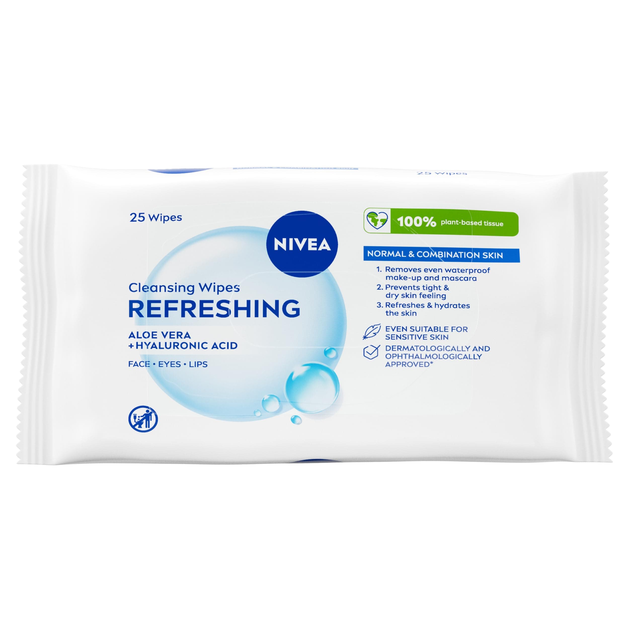 NIVEA Refreshing 3-in-1 Cleansing Face Wipes for Normal Skin (25 sheets), Plant-Based Makeup Wipes, Gentle Yet Effective Face Cleanser with Aloe Vera and Hyaluronic Acid