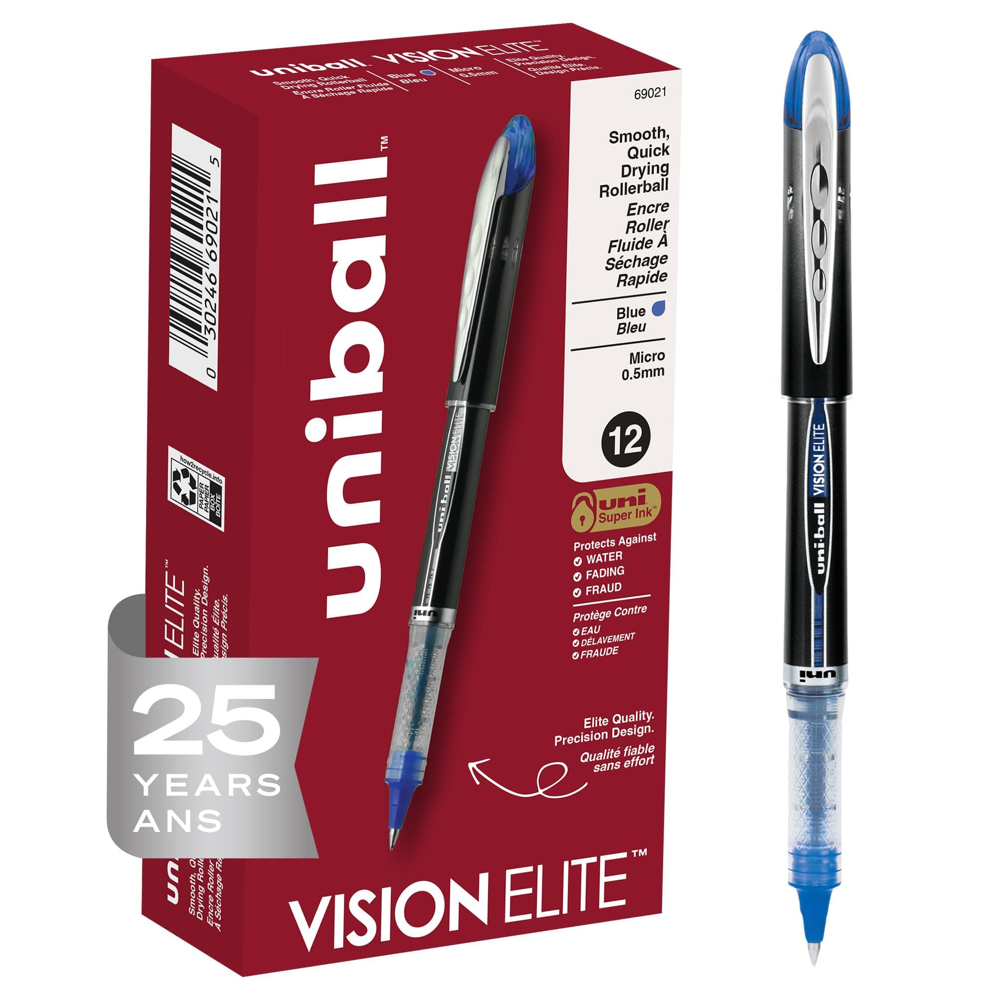 Vision Elite Rollerball Pens, Micro Point (0.5mm), Blue, 12 Count