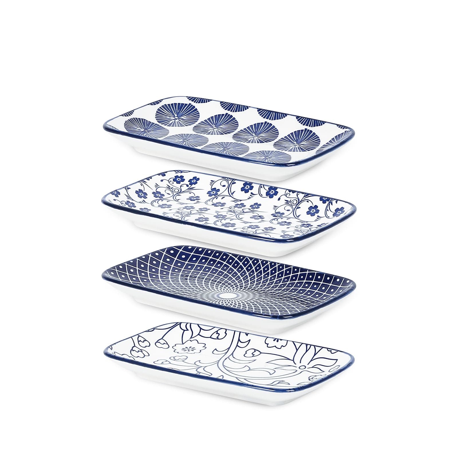 Selamica Ceramic Rectangular Salad Plates Set of 4, 8 Inch Small Serving Plates for Appetizers, Sushi, Fruit, Vintage Blue