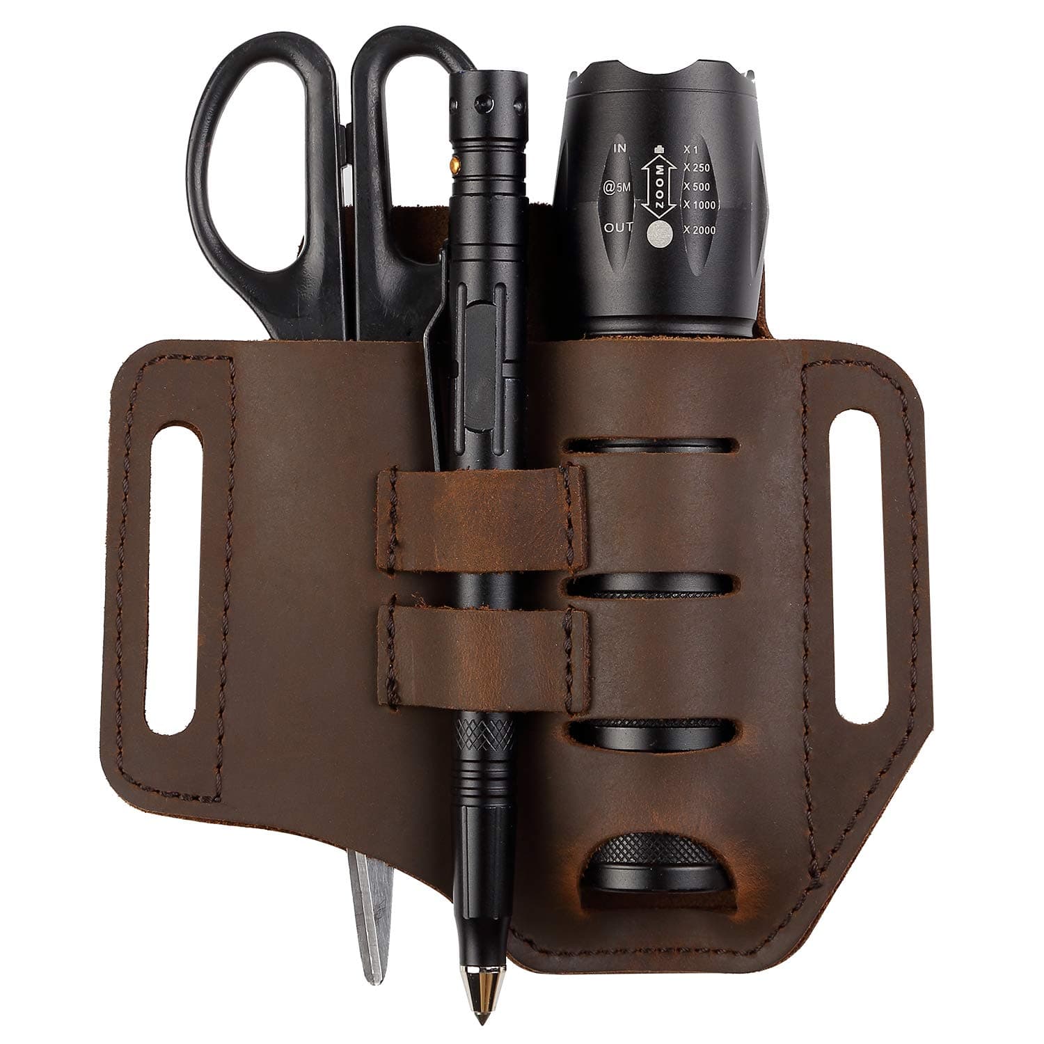 Leather Sheath Belt Loop Leather Organizer Pouch Carrier Handmade 3 Pockets Multitools Slip Sheath for Tools, Knives, Flashlights, Tactical Pens