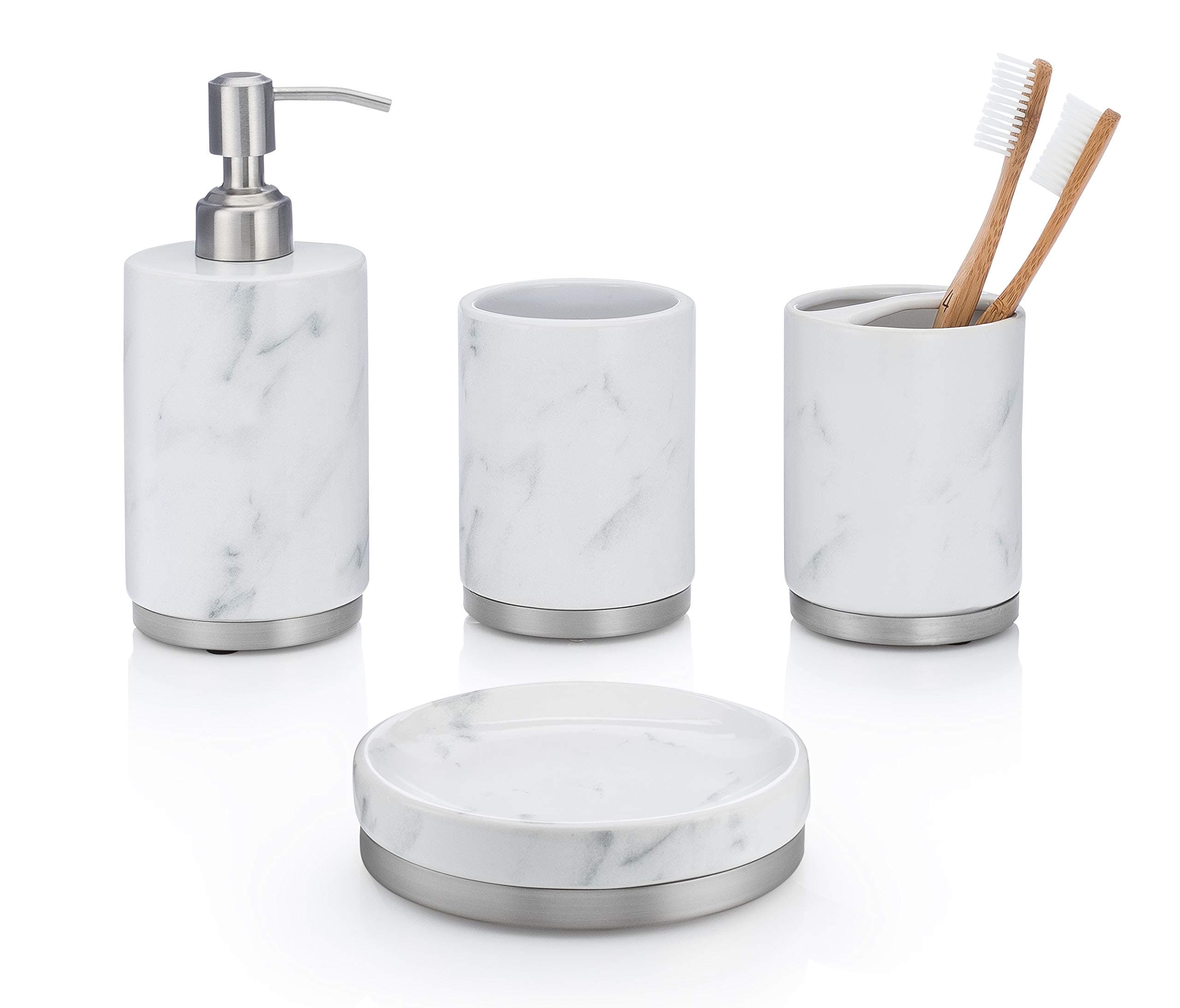 EssentraHome 4-Piece White Ceramic Bathroom Accessory Set with Marble Look, Complete Set Includes: Soap/Lotion Dispenser, Toothbrush Holder, Tumbler, and Soap Dish