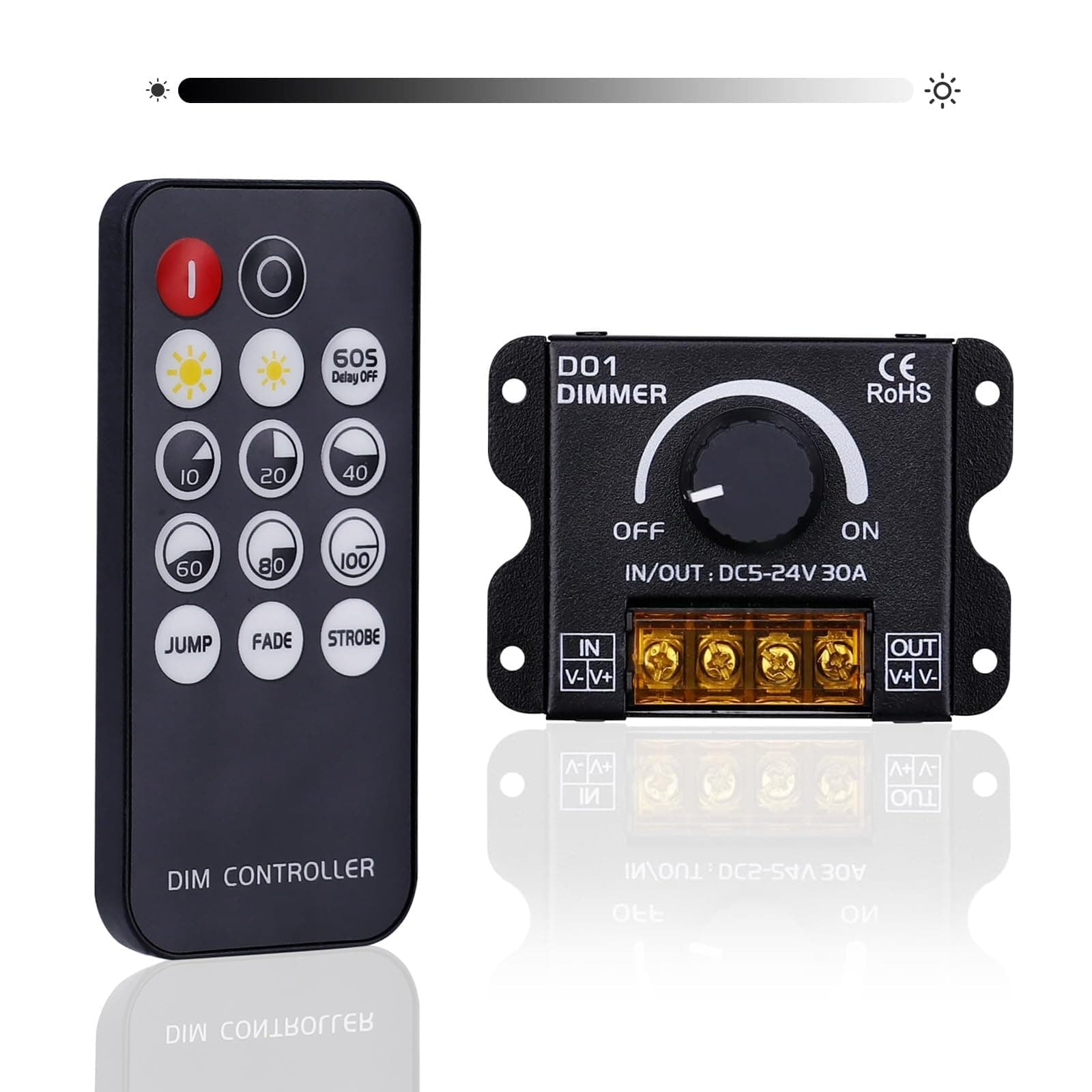– TERRIFI DC 5V-24V 30A RF LED Light Strip Dimmer, PWM Dimming Controller for LED Strip Lights, Wireless or Knob Brightness Adjustment
