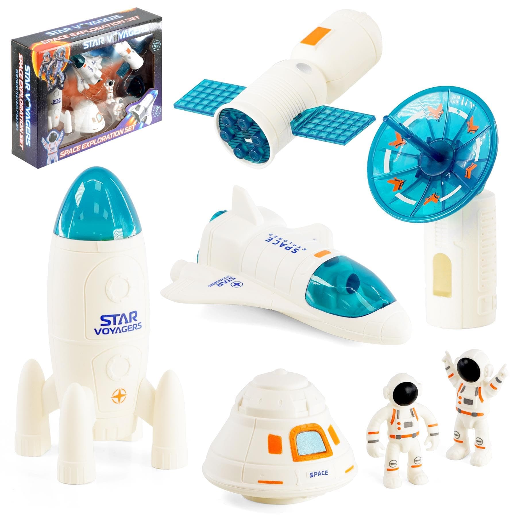 Space Exploration Set 7 Pcs Including 2 Astronaut, Toy Rocket, Space Shuttle - Kids Space Toys with Spaceship, Space Rocket Toys for Children, Space Gifts for Kids