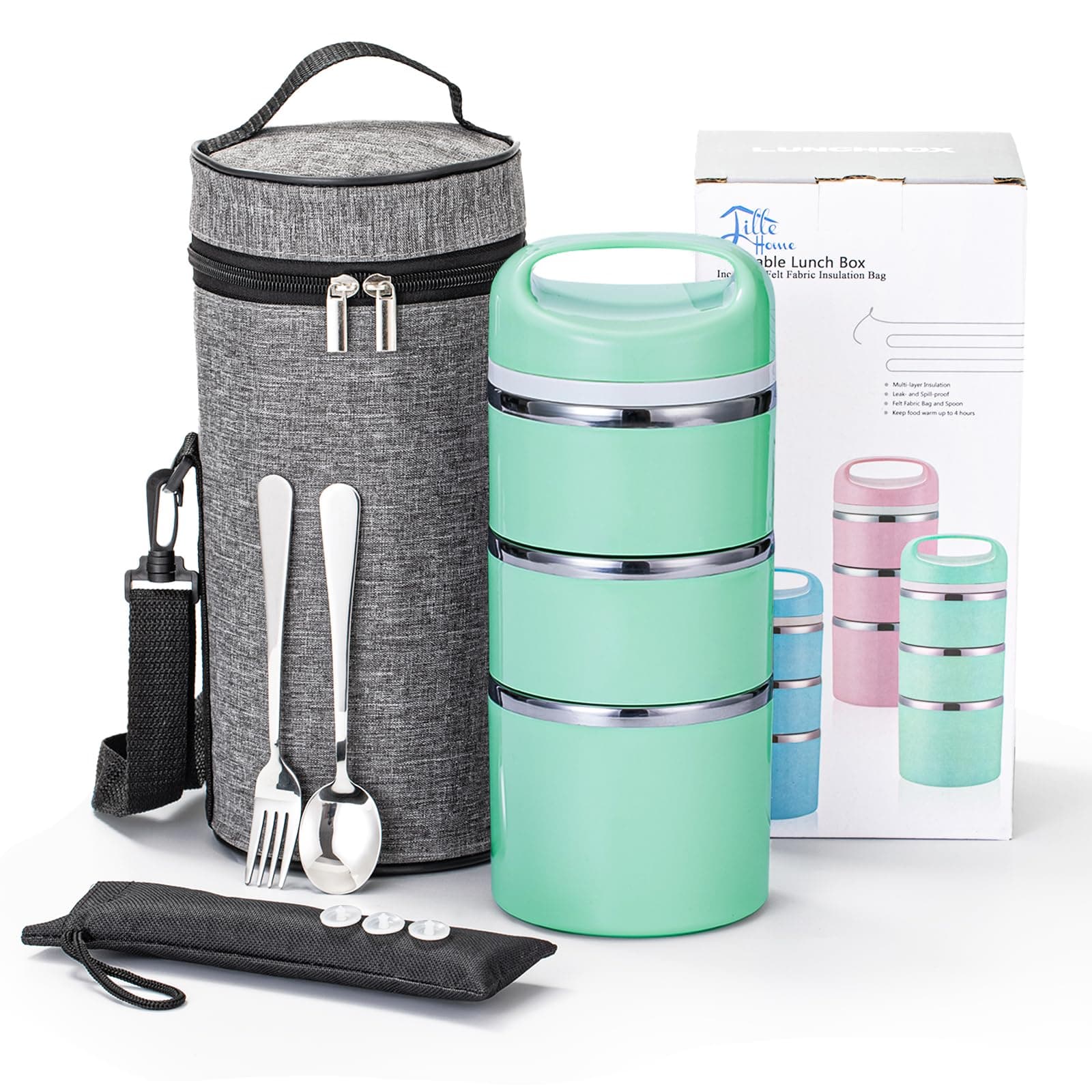 Stackable Stainless Steel Thermal Compartment Lunch/Snack Box, 3-Tier Insulated Bento/Food Container with Lunch Bag, Utensils Set and Three Extra Seals, 43OZ