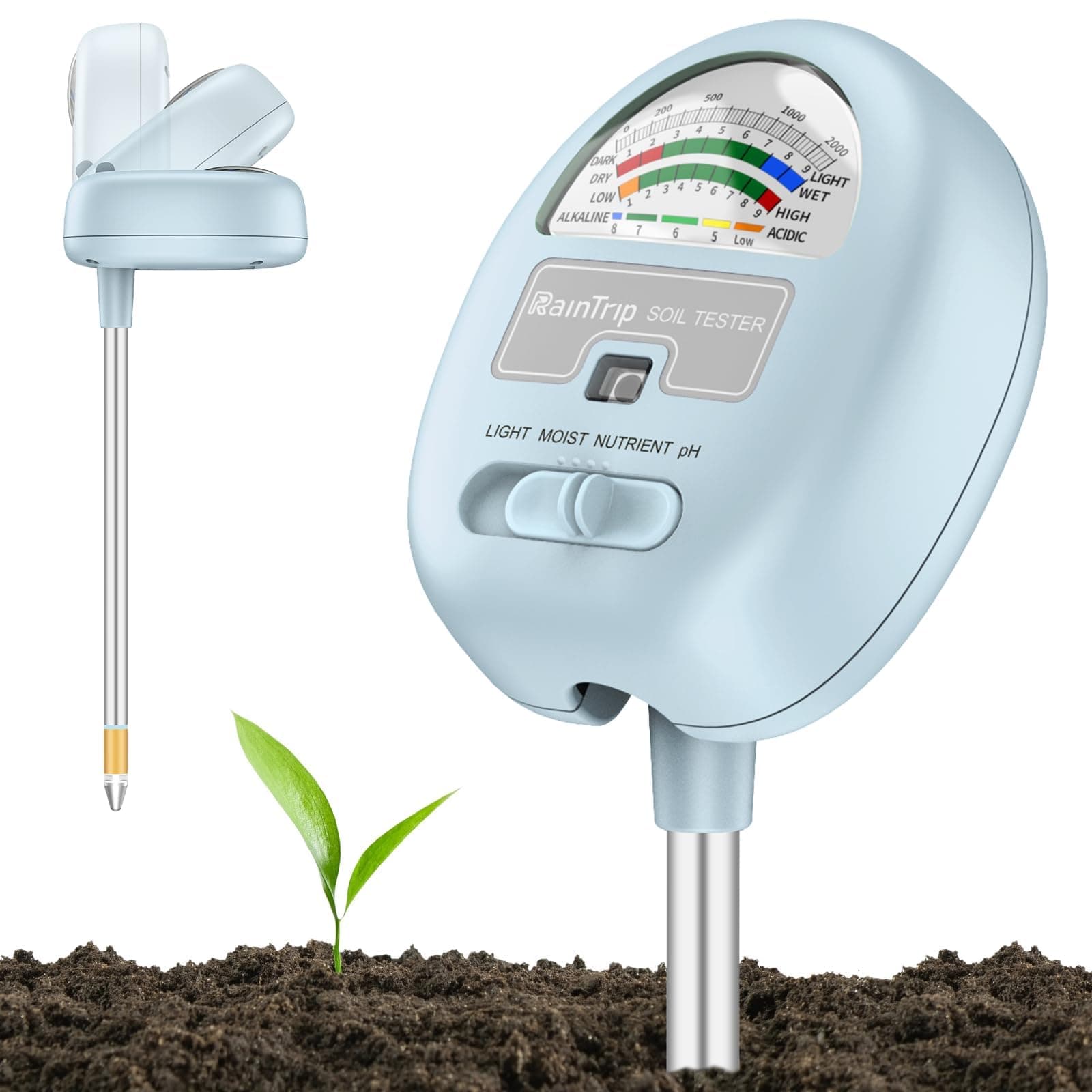 4-in-1 Soil Moisture Meter, Moisture Meter for Plants, Soil Ph Meter, Tester for Moist, Light, Nutrients, pH, Great for Garden, Lawn, Farm, Indoor & Outdoor Use,No Battery Required, Blue