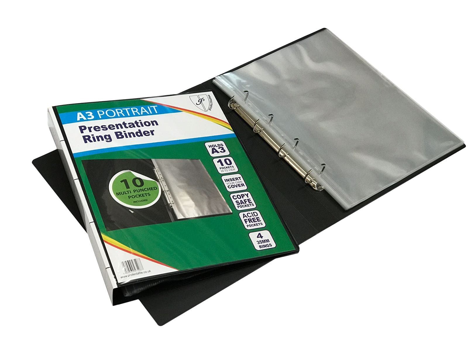 A3 Deluxe Portrait 4-D Ring Binder Folder File Art Black Presentation Portfolio + 10 Sleeves–documentation Style