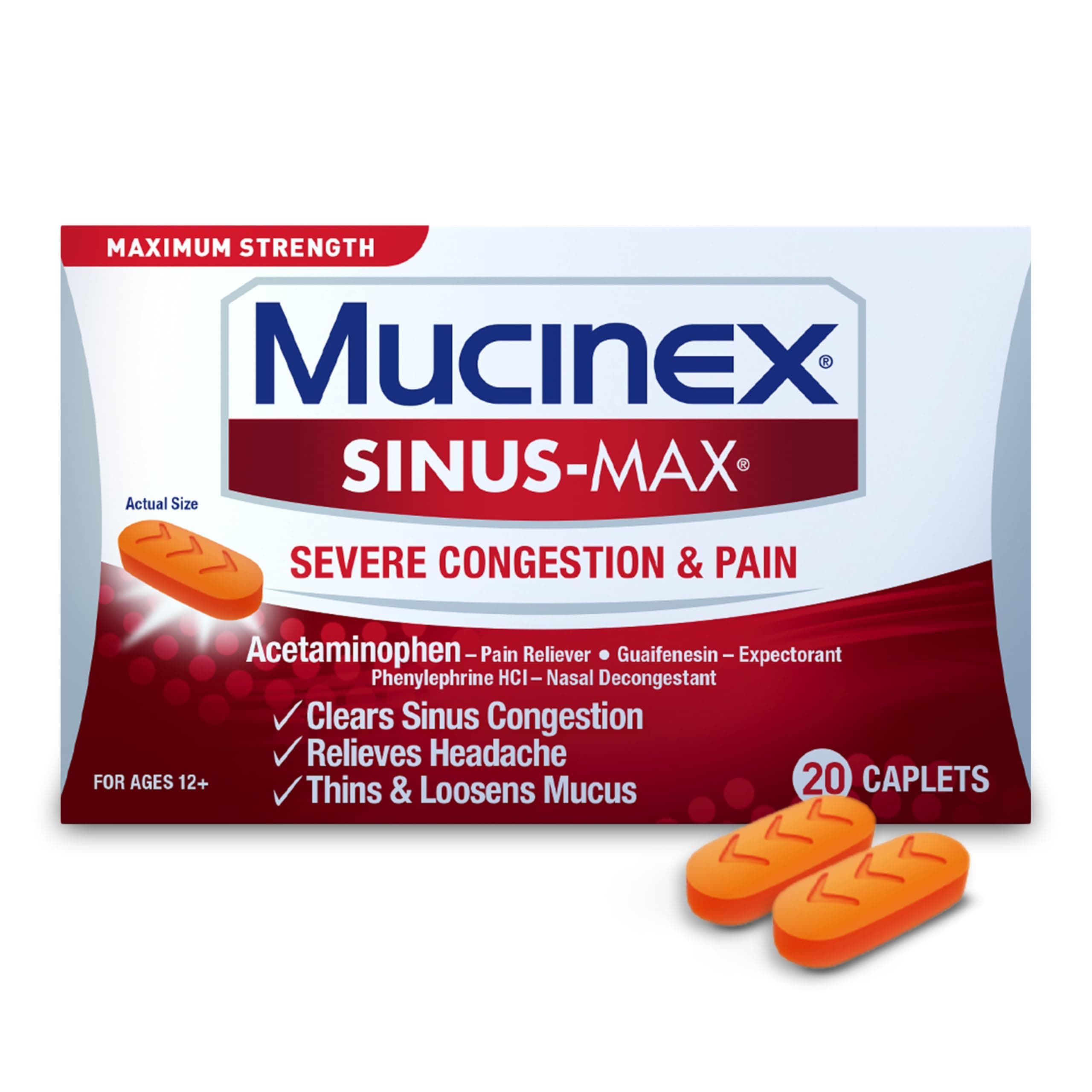 Mucinex Sinus Max Severe Congestion & Pain Relief, Maximum Strength Nasal & Sinus Relief, Decongestant for Adults, Acetaminophen Pain Reliever, Guaifenesin Expectorant and Mucus Removal, 20 Caplets