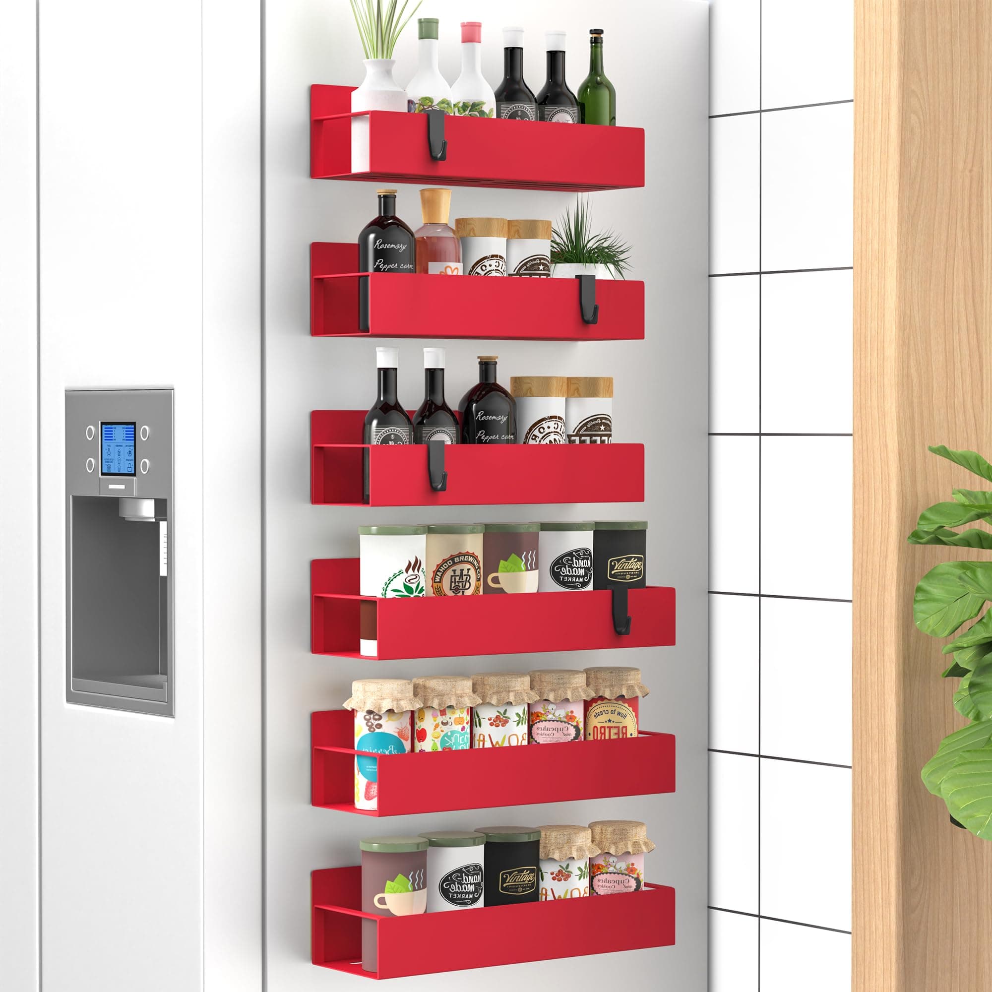 6 Pack Magnetic Spice Storage Rack Organizer for Refrigerator and Oven, Red Fridge Organizers and Storage