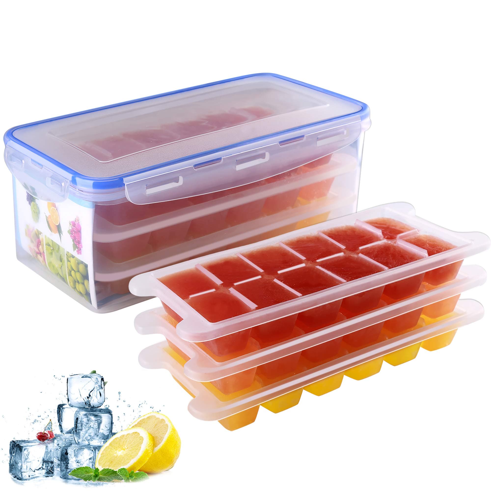 Ice Cube Bucket Trays Set - SINKDA 3-Pack Large Ice Cube Trays (36Cubes) with Container (115oz) for Freezer - Easy to Make and Store More Ice Cubes