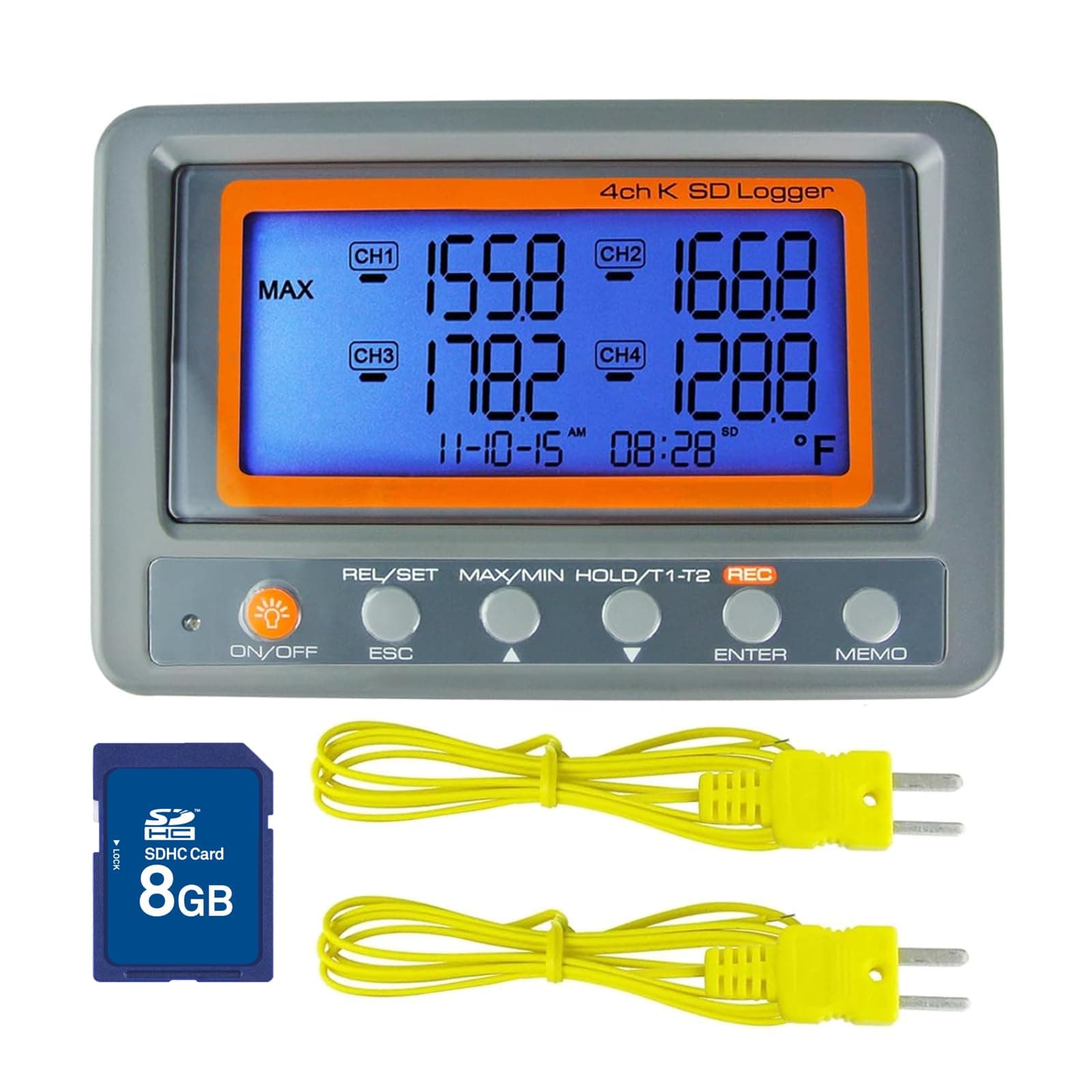 Thermometer Thermocouple K Type 4- Channel SD Card Data Logger Temperature with Beeper and LED Alarm + 2 Bead Type Probe Wire Sensor